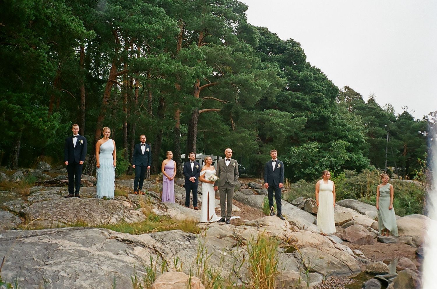 Wedding party posing on rocky coastal landscape with trees in background.