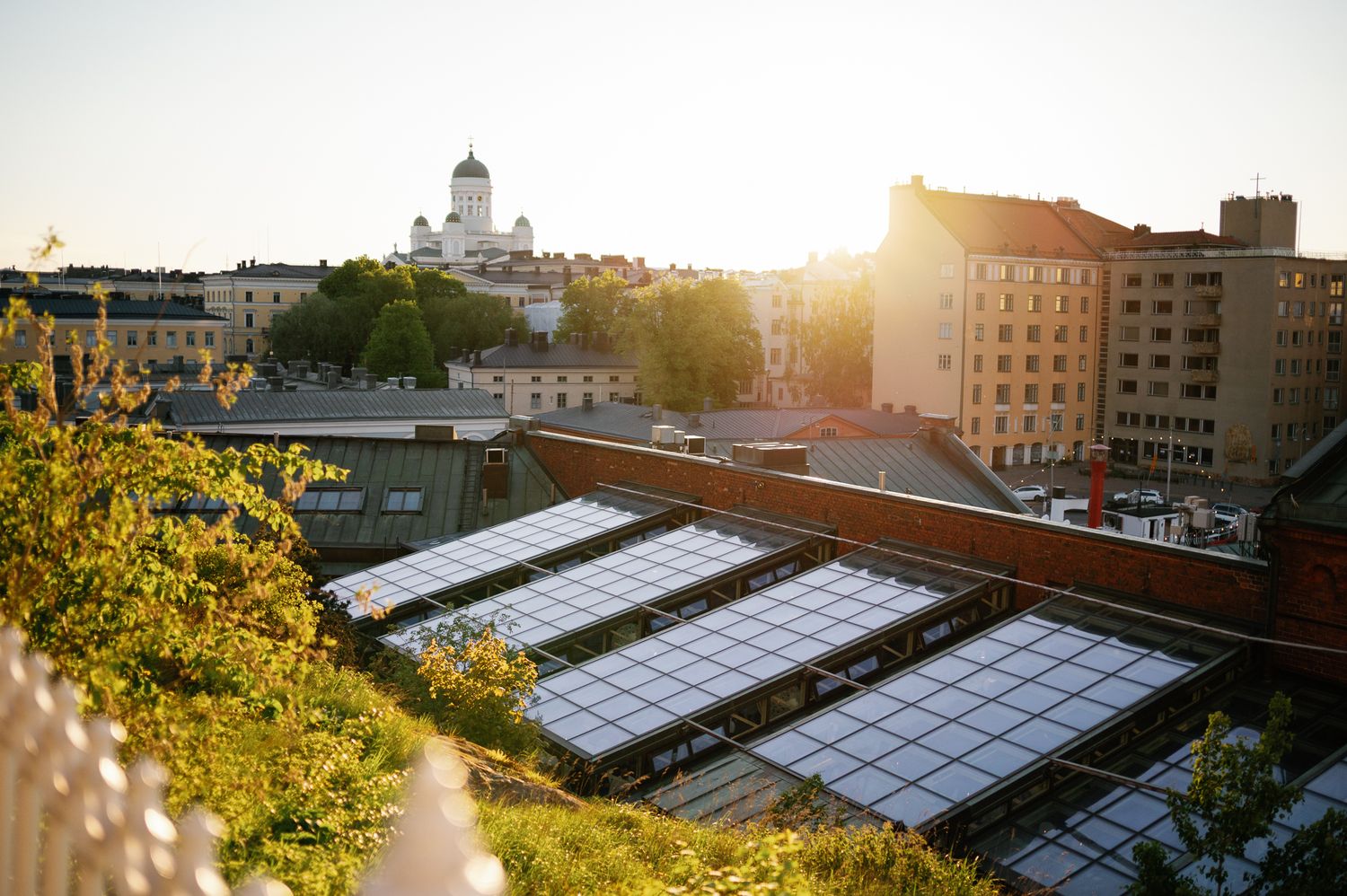 Aerial view of Helsinki cityscape at golden hour with Helsinki Cathedral in background and greenhouse rooftops.