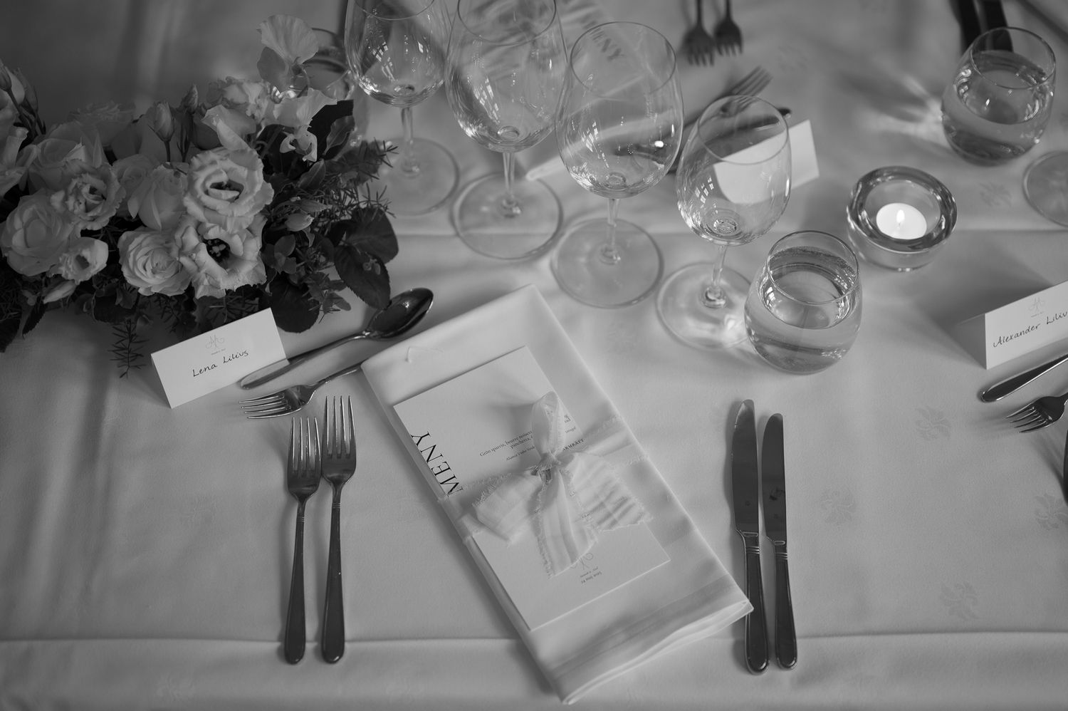 Black and white photo montage showing multiple table settings with wine glasses and place settings at formal events.