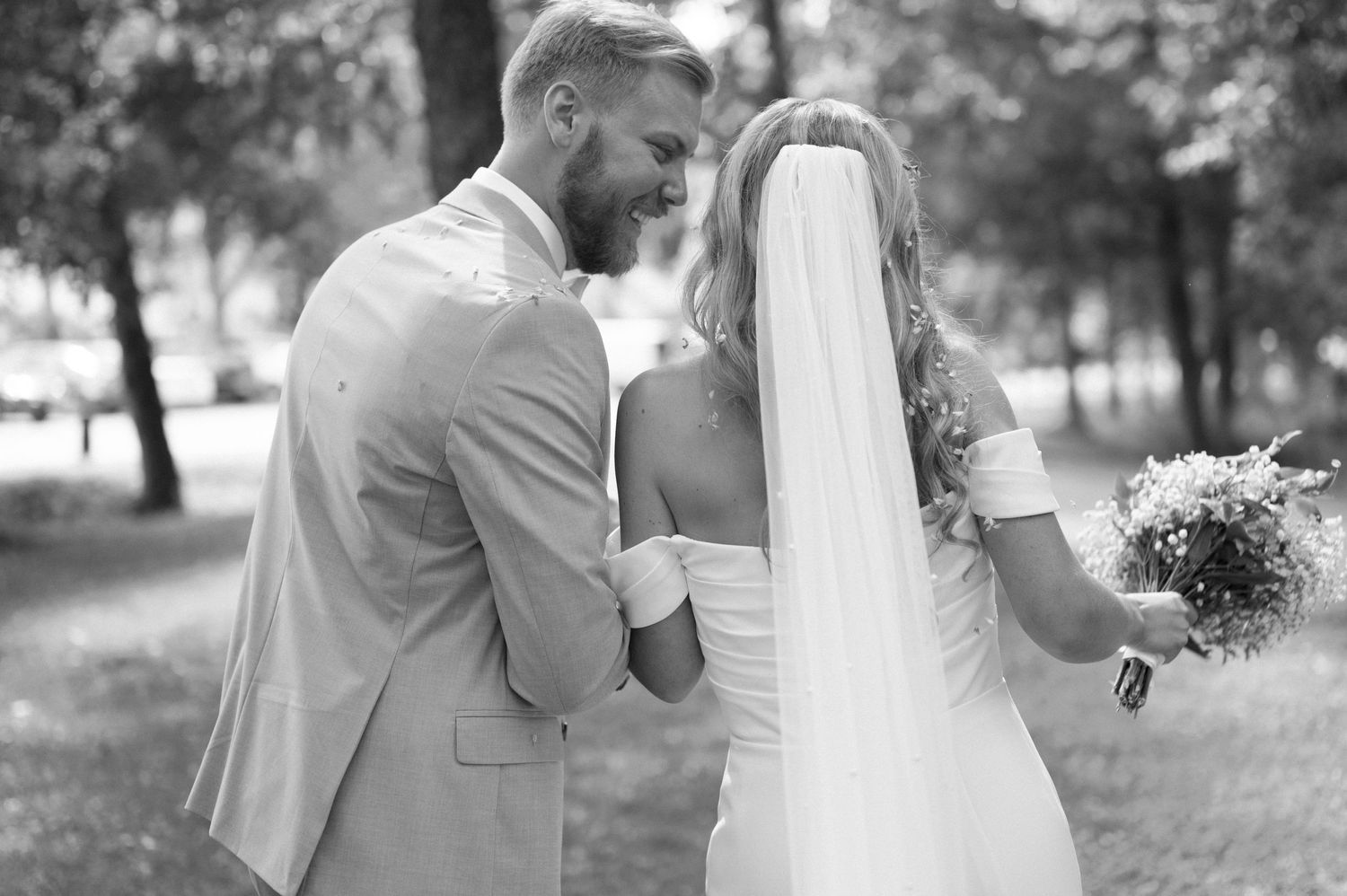 Wedding ceremony moments photographed in sequence against a backdrop of trees and natural light.