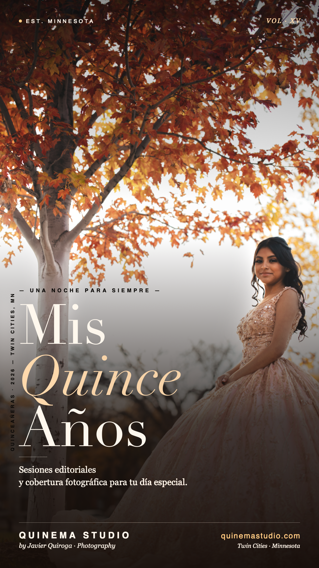 Young woman in a golden quinceañera gown poses under autumn trees for Quinema Studio in Twin Cities, Minnesota.