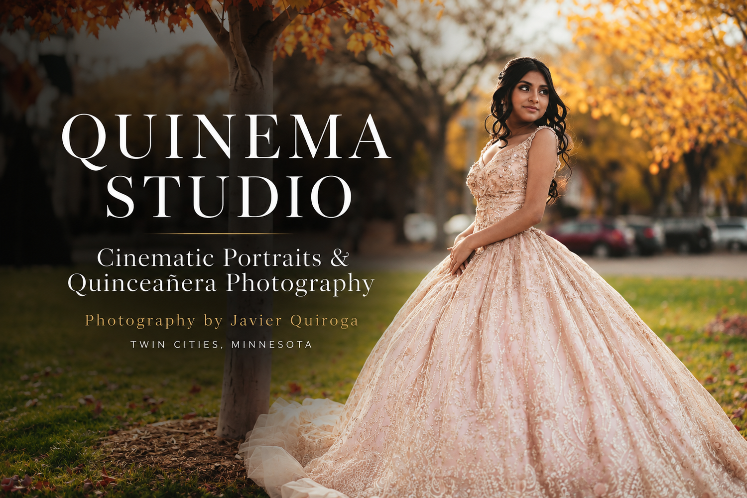 Young woman in elegant rose gold quinceañera gown poses outdoors at Quinema Studio, Twin Cities Minnesota photography.