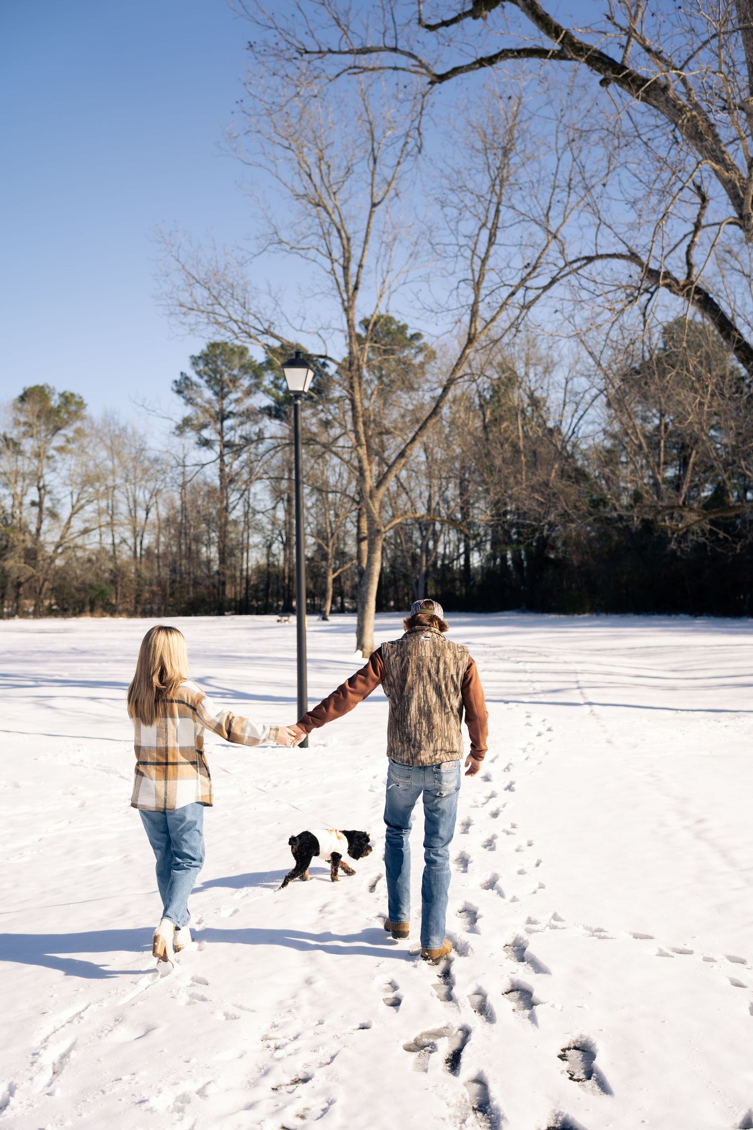 Couple holding hands and walking a dog through a snow-covered park on a sunny winter day.