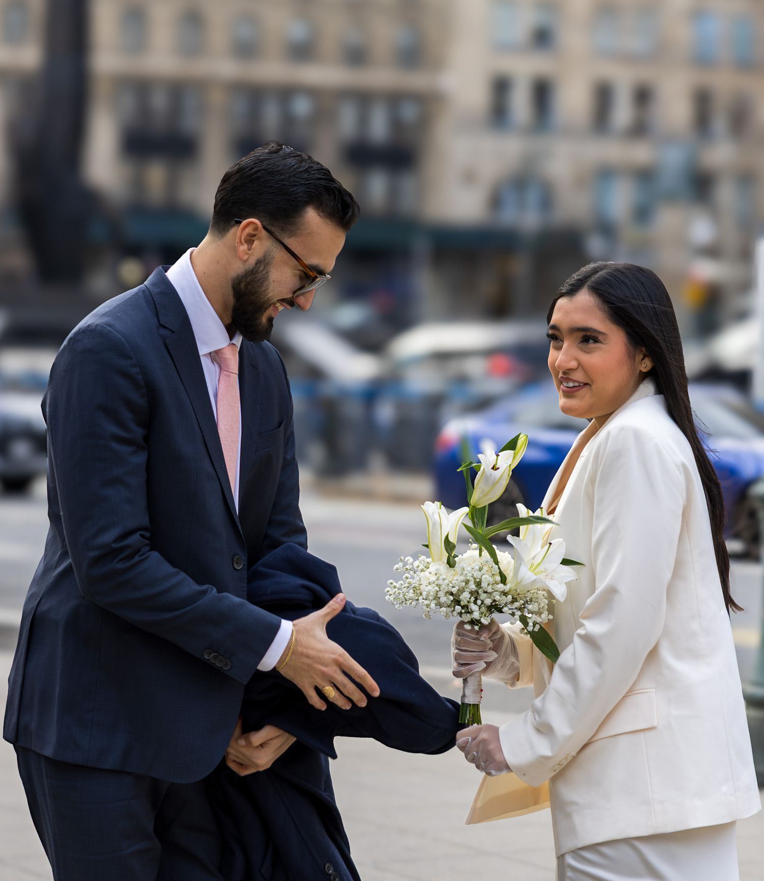 Just married couple outside of NYC City Hall wedding courthouse