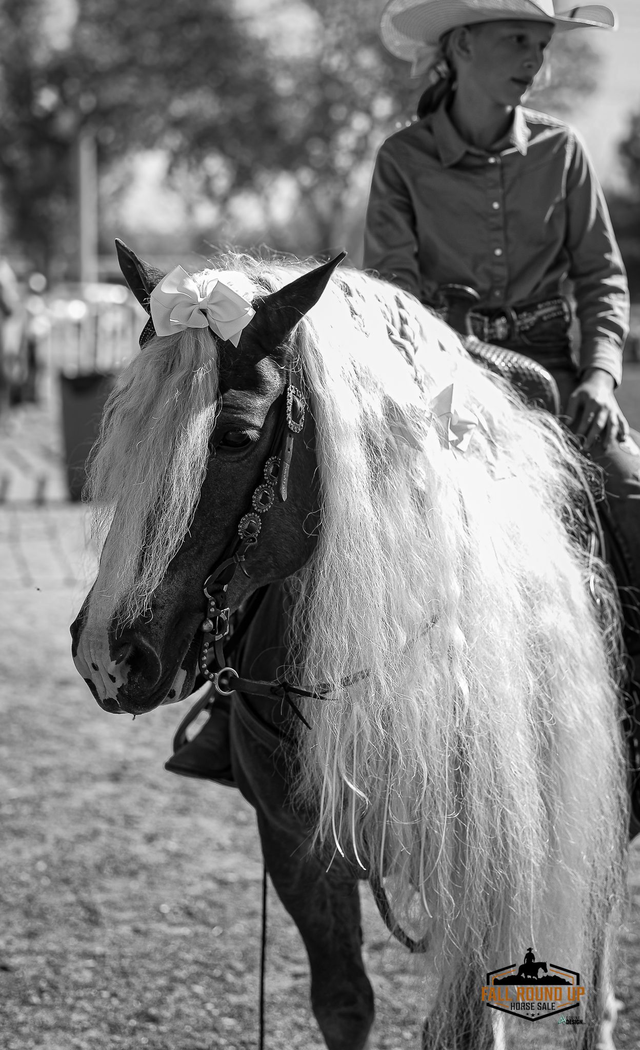 Black and white photo of a horse with flowing white mane and bow, ridden by a cowgirl in a hat at a western show.