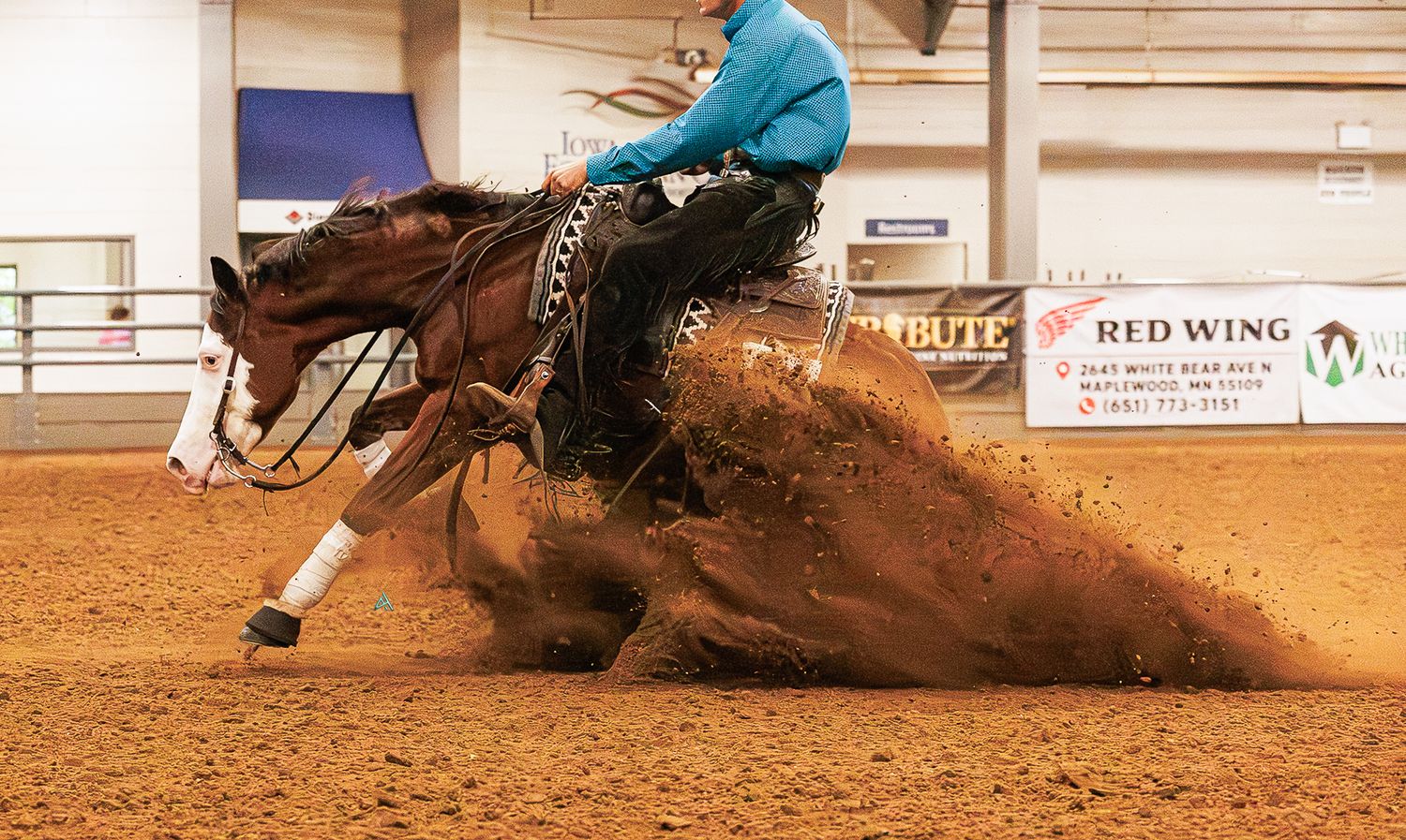 A reining horse and rider perform a sliding stop in an indoor arena, kicking up a dramatic spray of dirt.