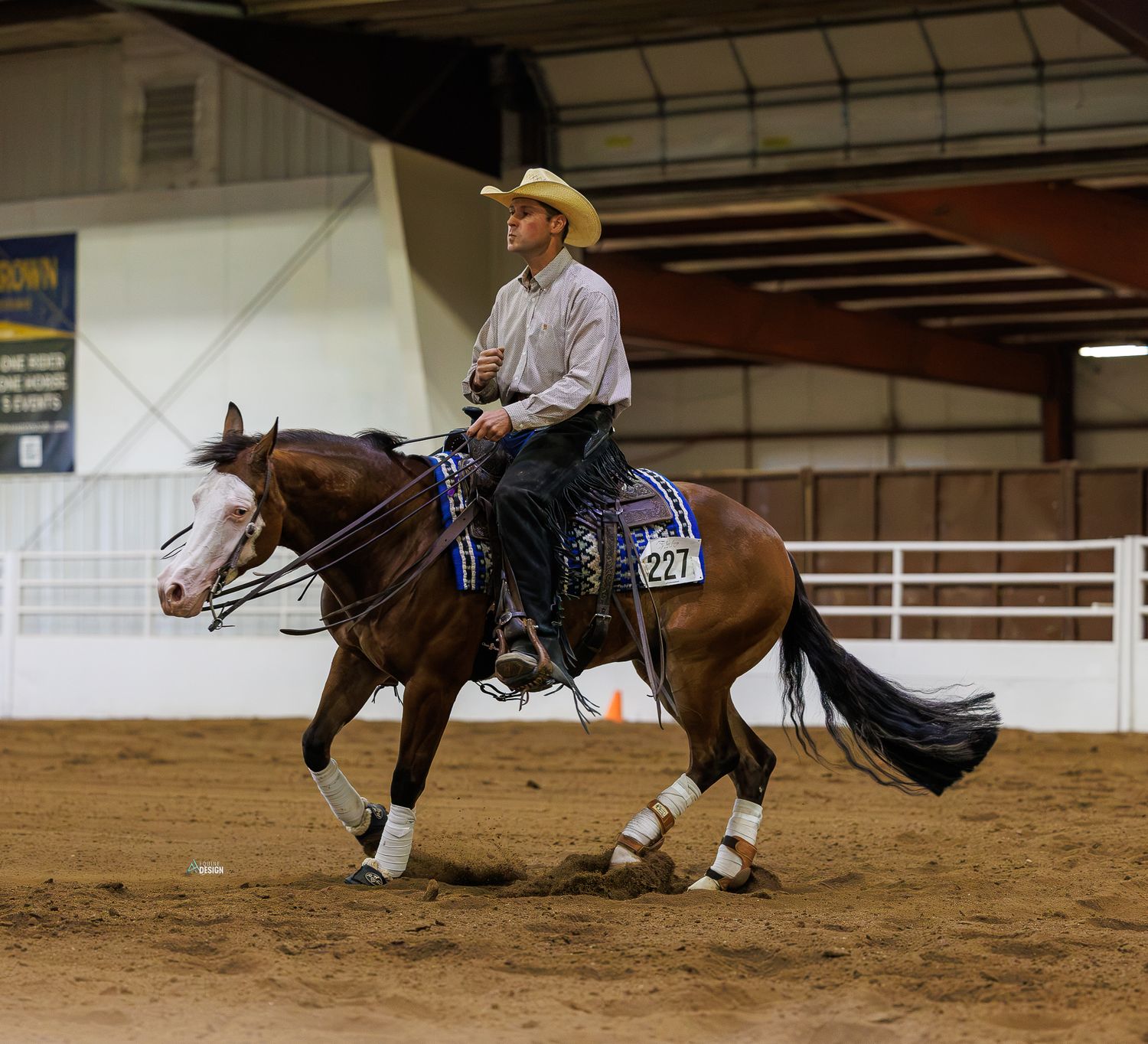 A cowboy in a tan hat rides a chestnut horse numbered 227 in an indoor Western equestrian competition.
