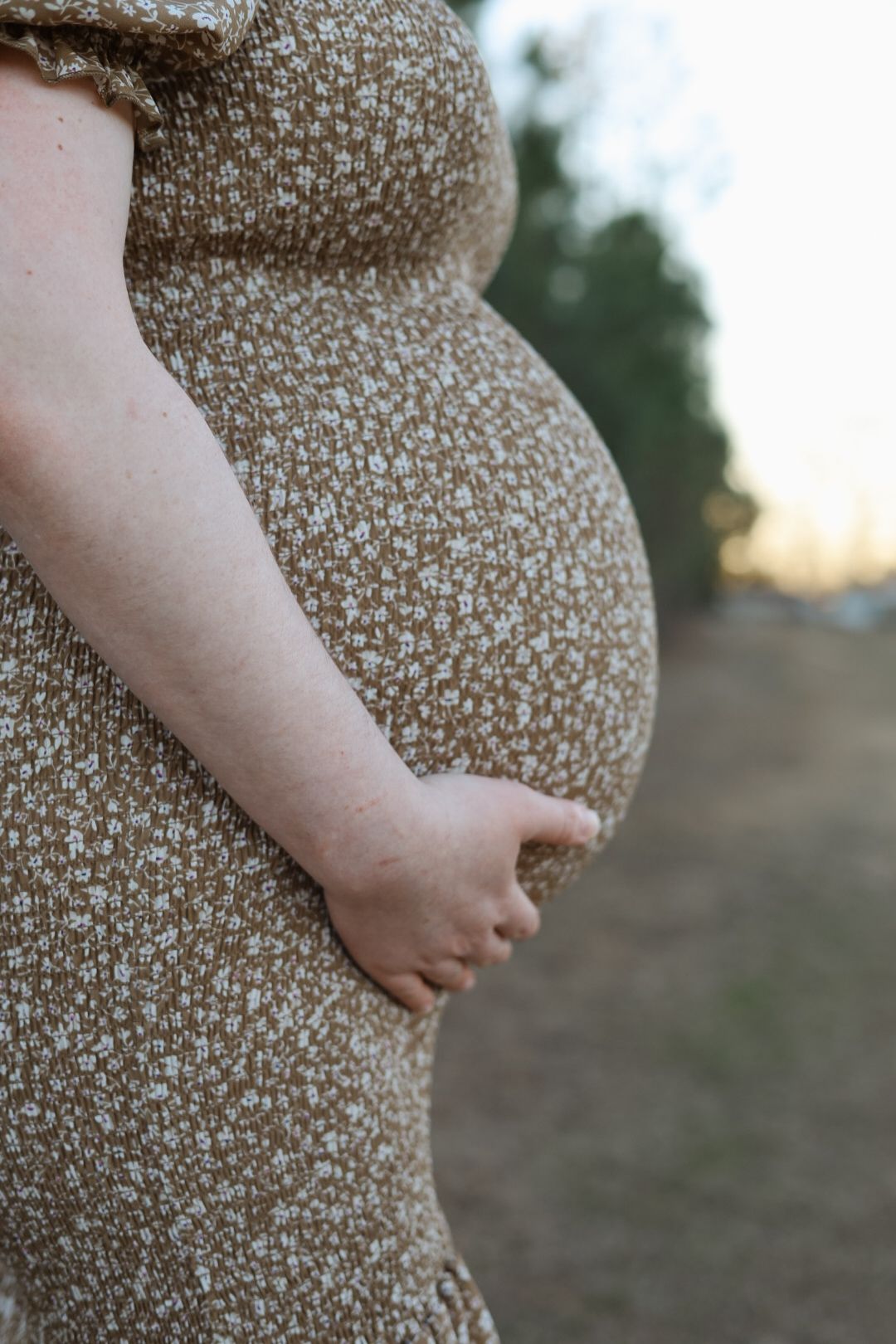 Maternity picture of a new mother holding her belly in a sunlit field.  Marianna Florida photography.