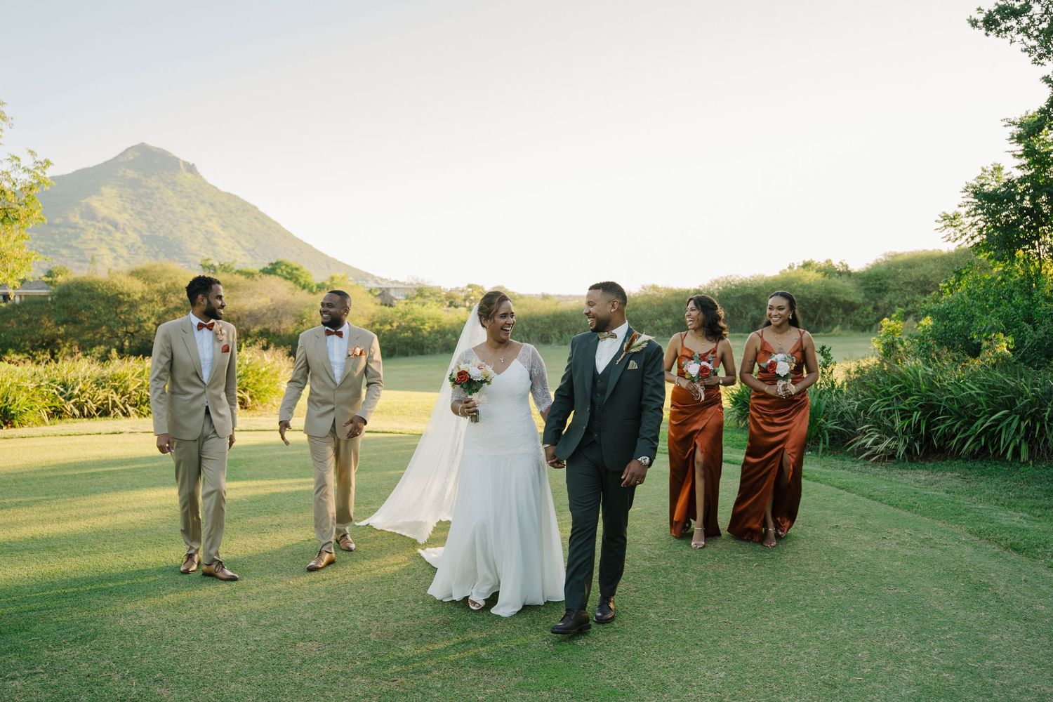 Bride, groom, groomsmen, and bridesmaids walk together on green lawn with mountain backdrop.