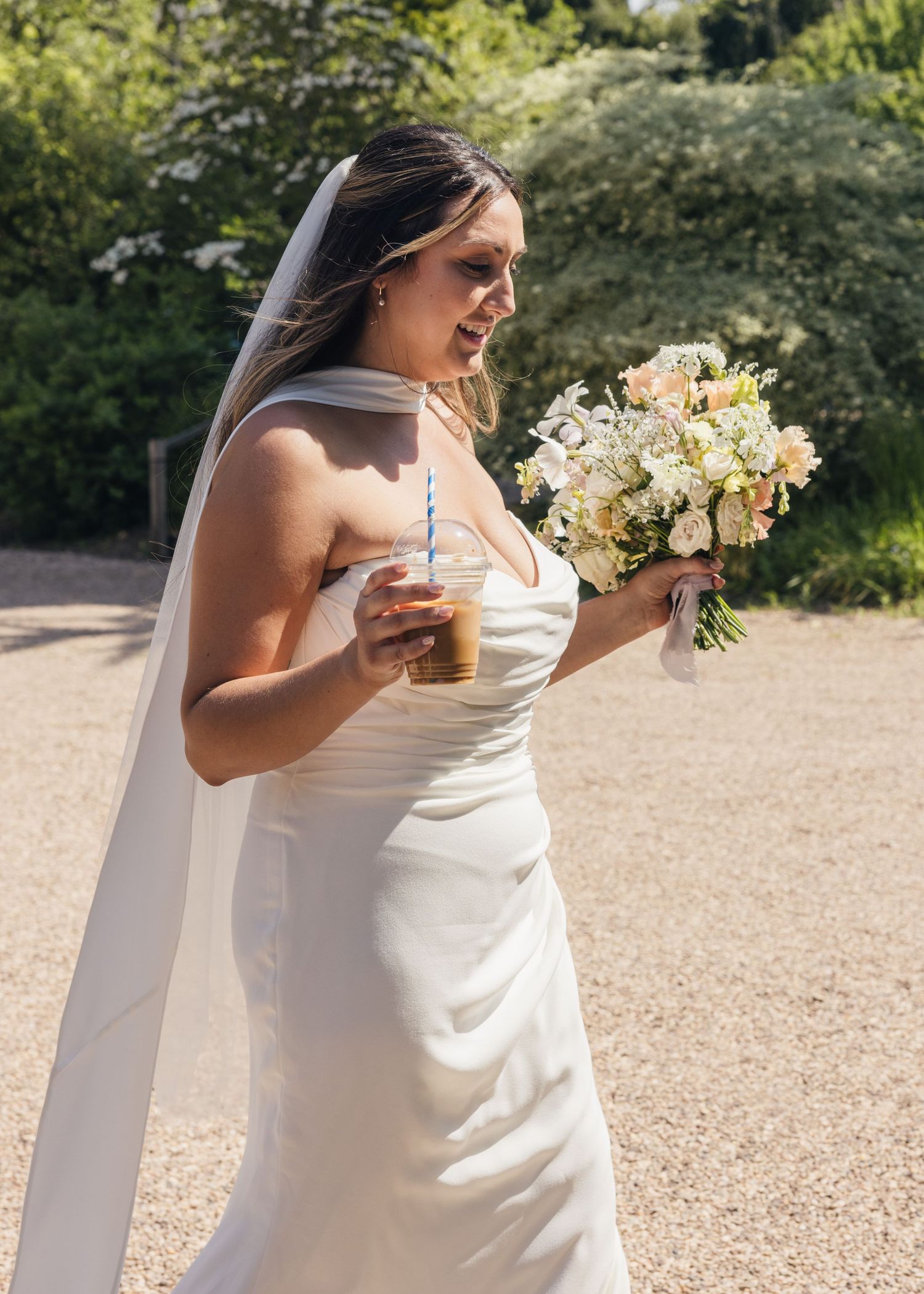 Bride enjoying a coffee after their wedding ceremony