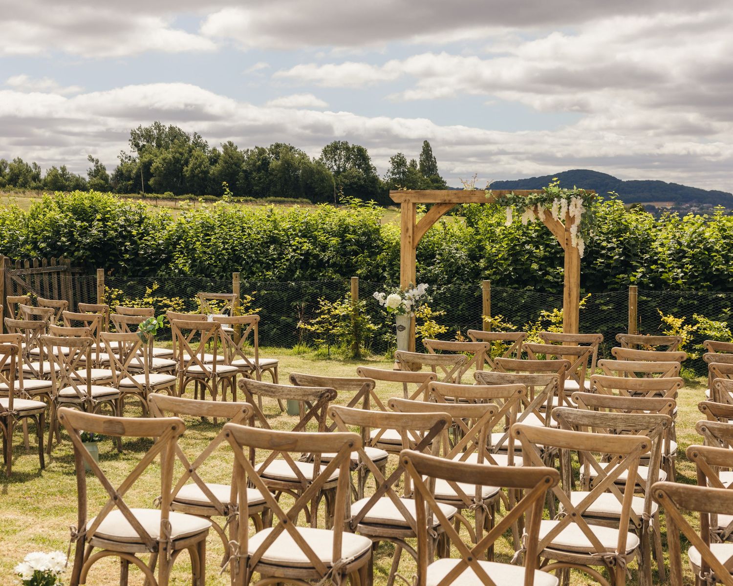 A wide angle view of the outdoor ceremony space at Rock Village Hall in Worcestershire.