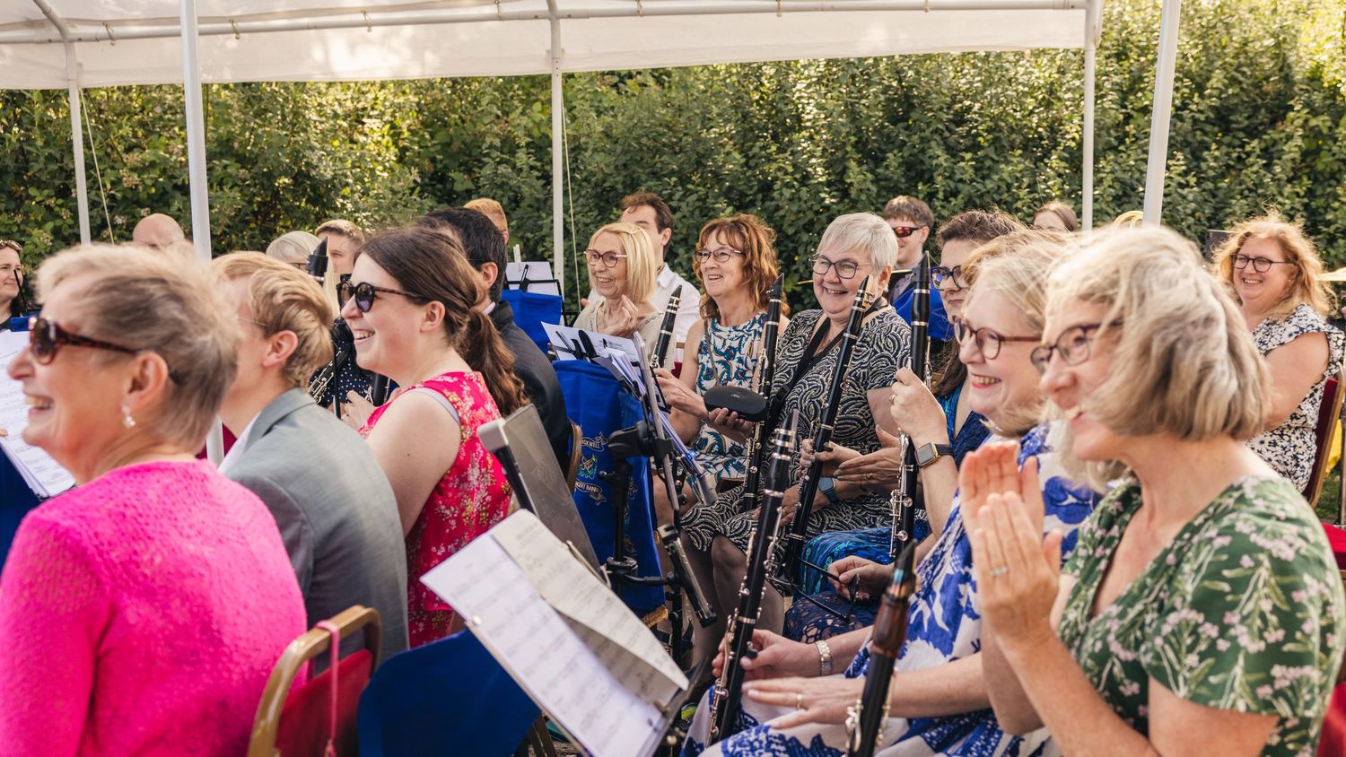 A wide angle view of the orchestral band at Rock Village Hall for a wedding.