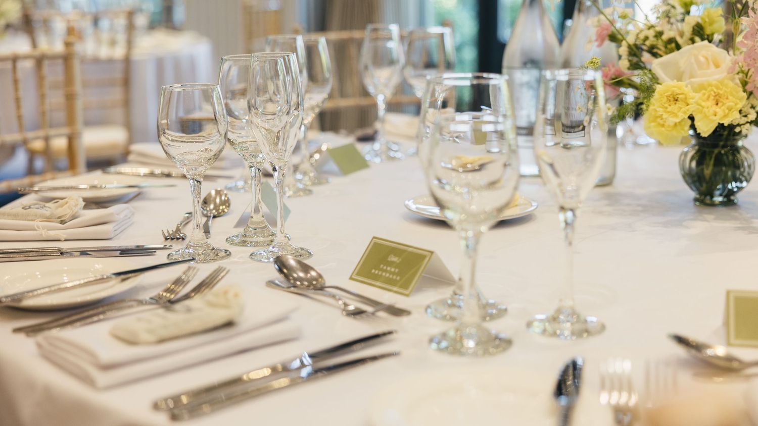 Wedding breakfast decoration set-up, captured by EvieSJPhotography.