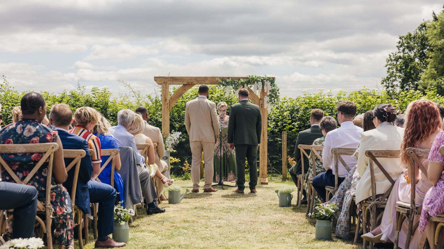 A wide angle photo of the outdoor ceremony space at Rock Village Hall in Worcestershire.