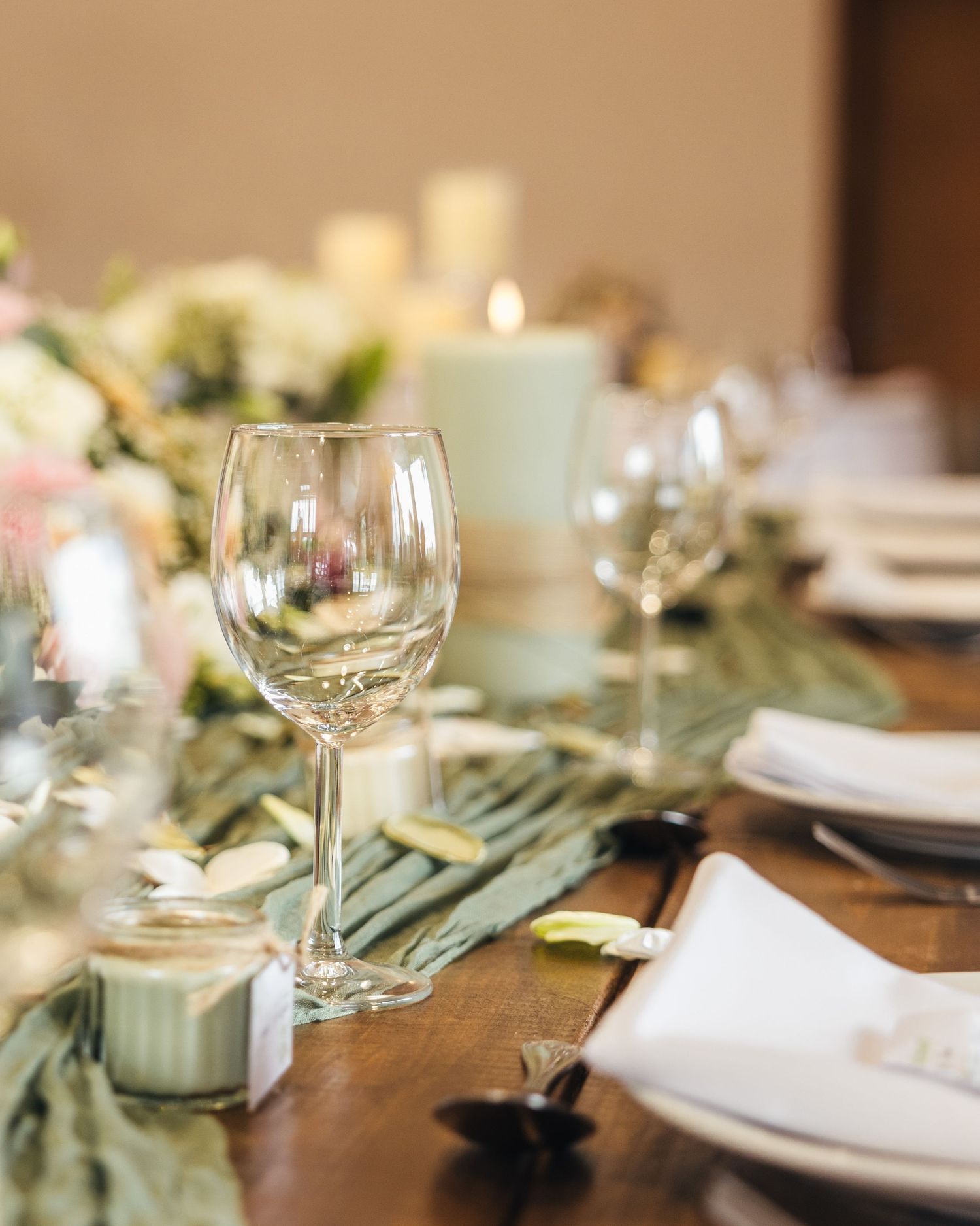 Beautiful green table decorations for a wedding reception in Worcestershire.