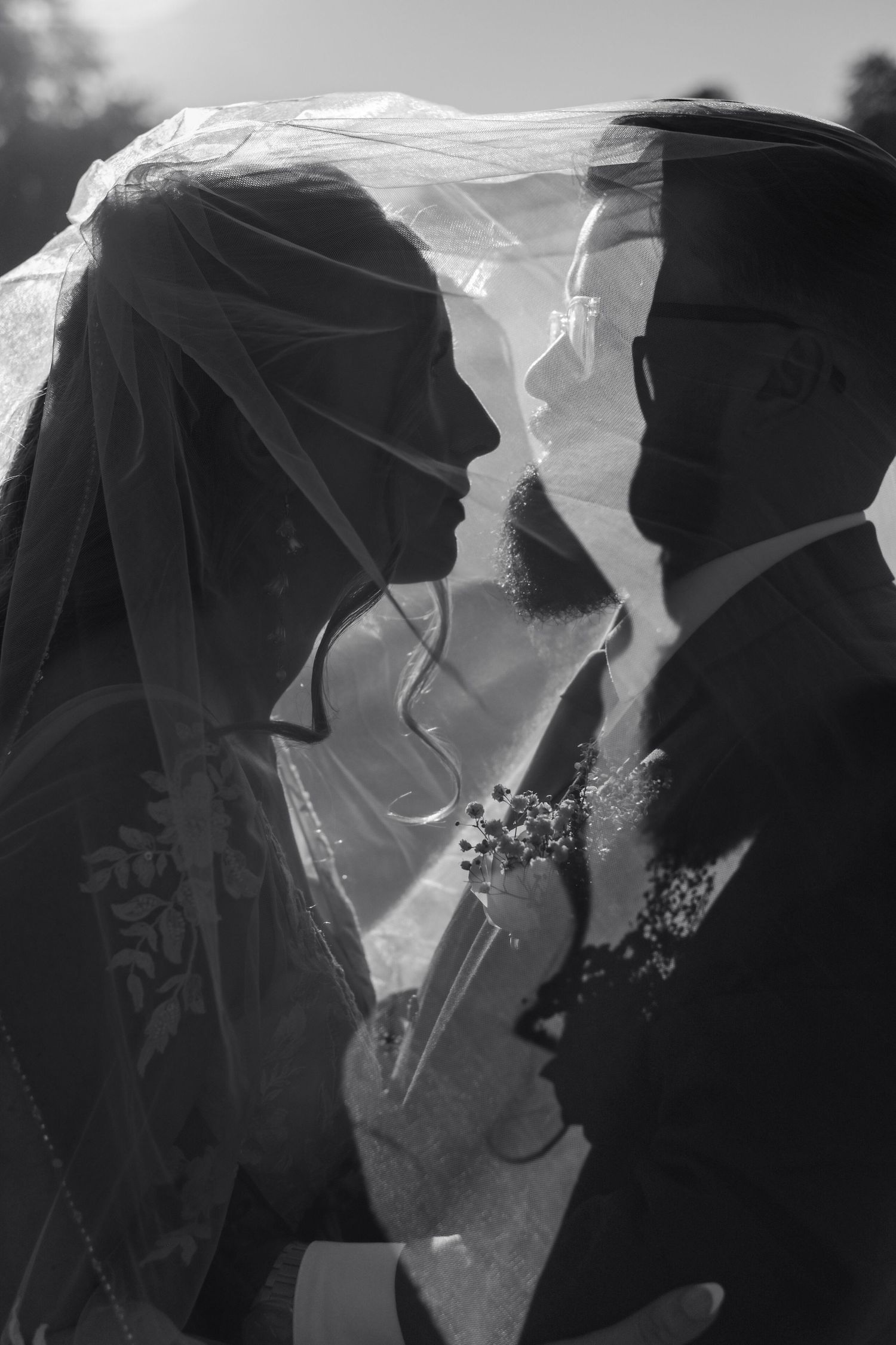 Black and white silhouettes of a couple under a wedding veil in romantic poses.