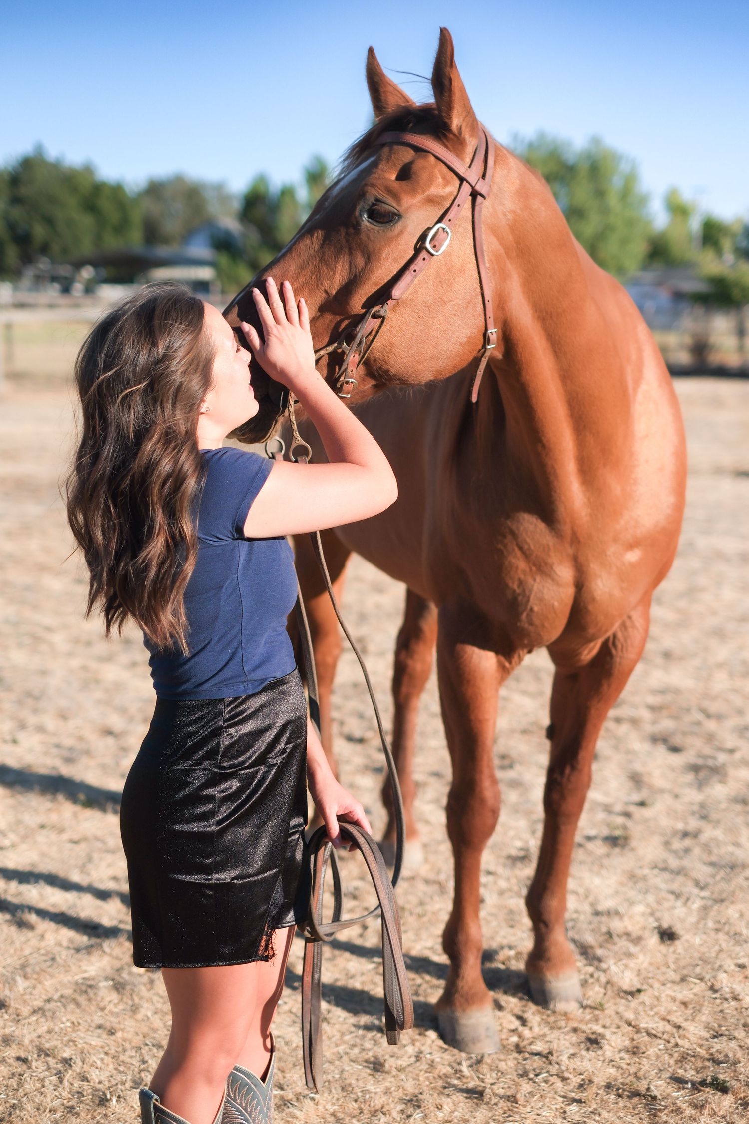 Person in dark clothing showing affection to a brown horse in an outdoor setting.