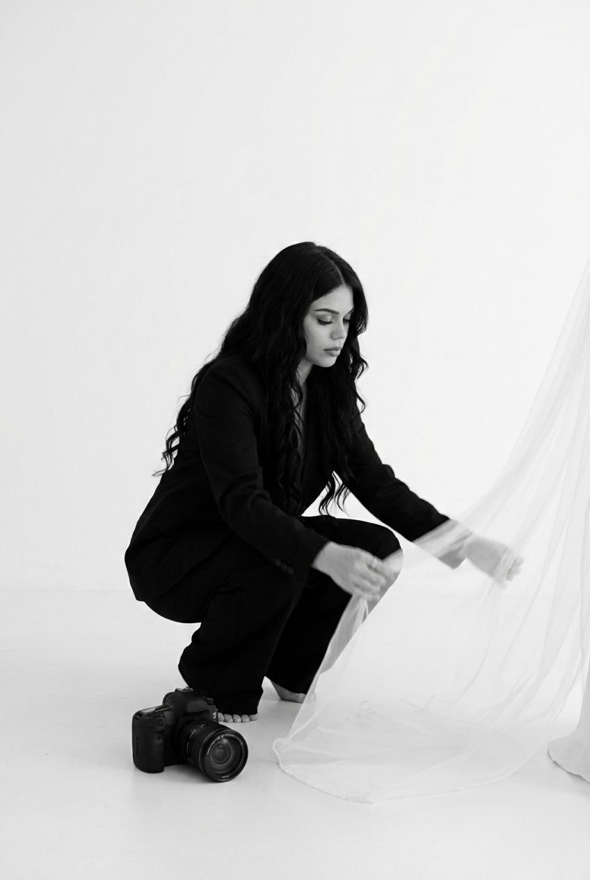 Sequence of black and white photos showing photographer Elisa Hobbs in black clothing crouching to adjust a brides veil