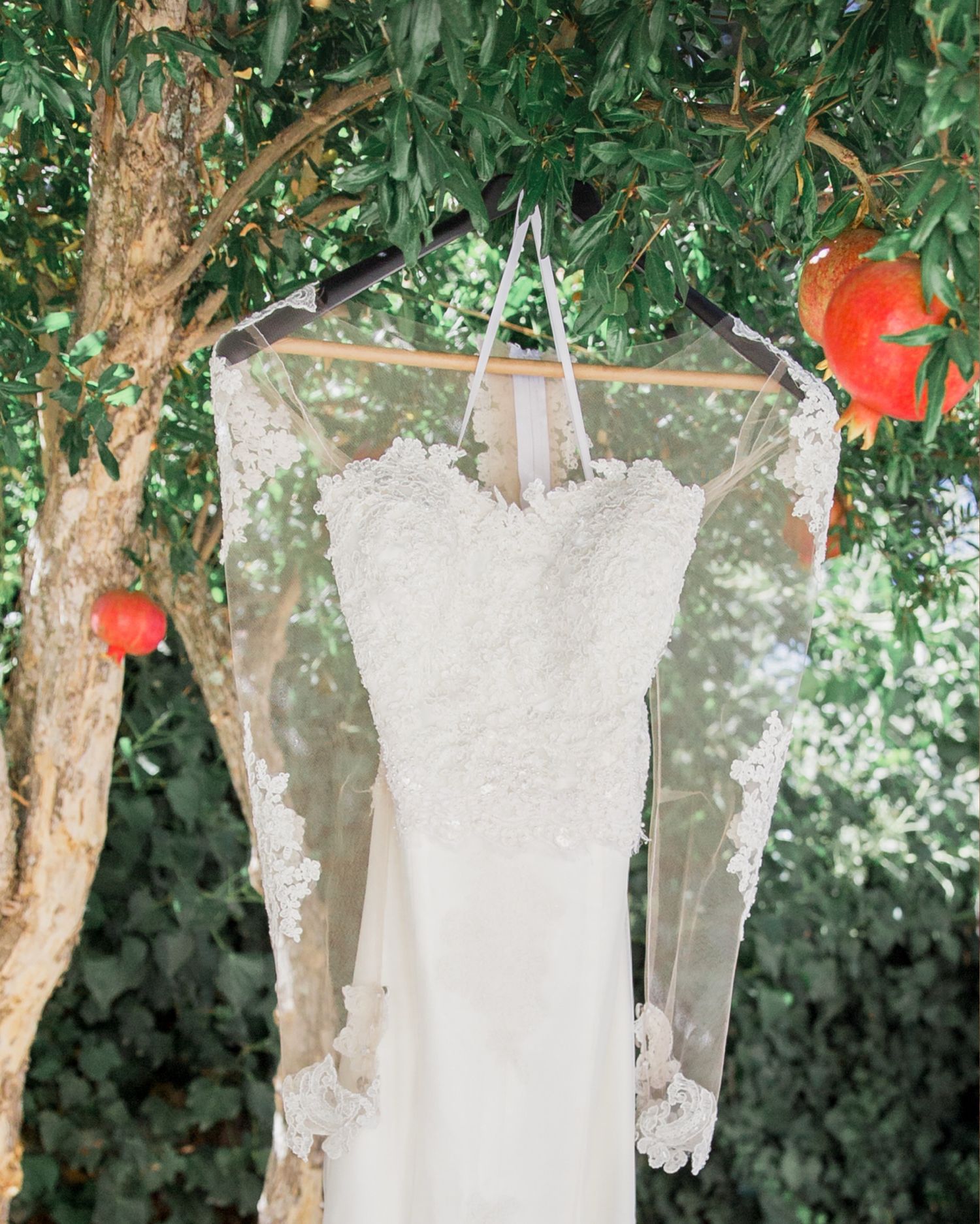 A series of white lace wedding dresses displayed hanging from tree branches in an outdoor garden setting.