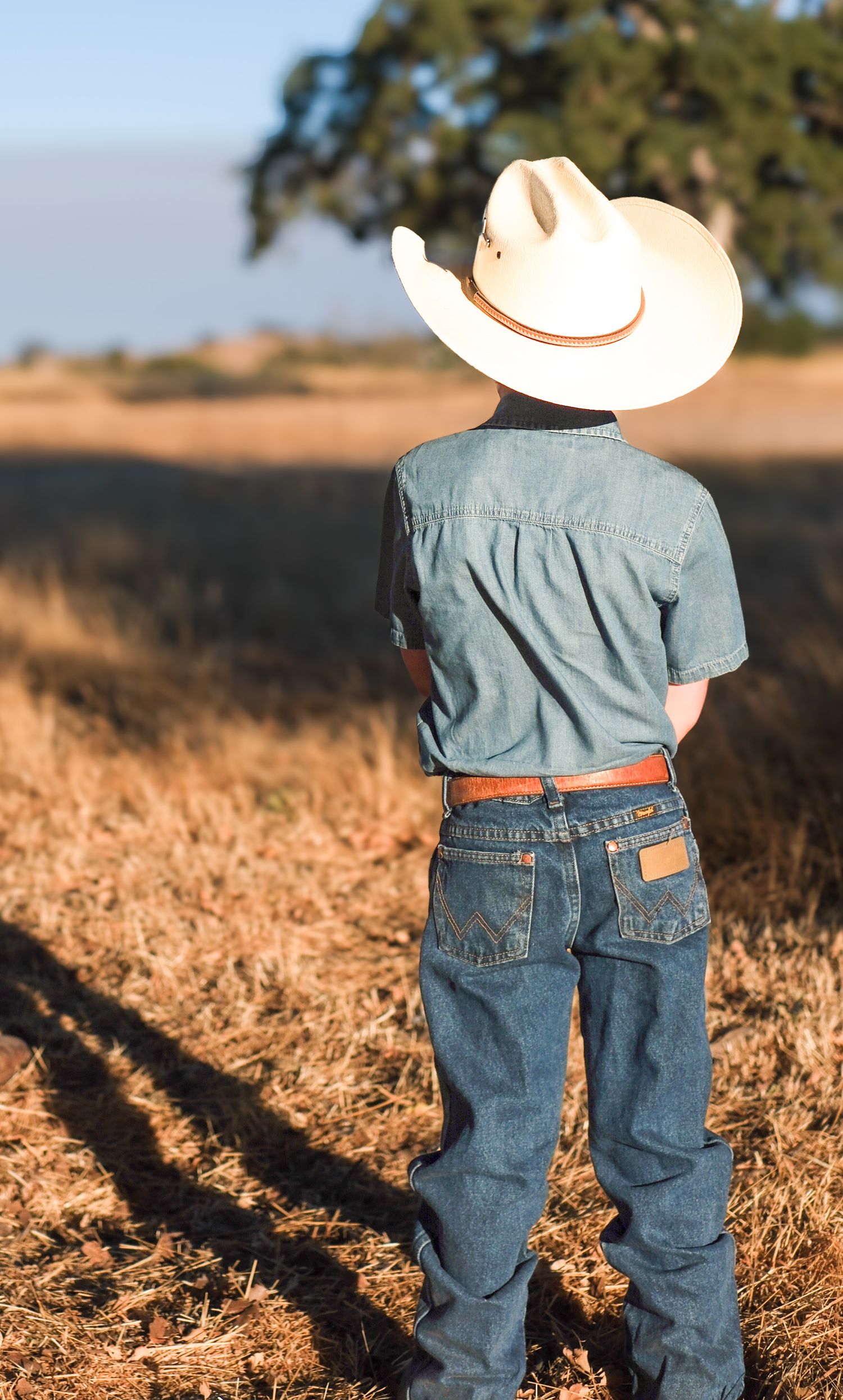 A close-up view of people wearing jeans and cowboy hats casting long shadows in a sunlit field.