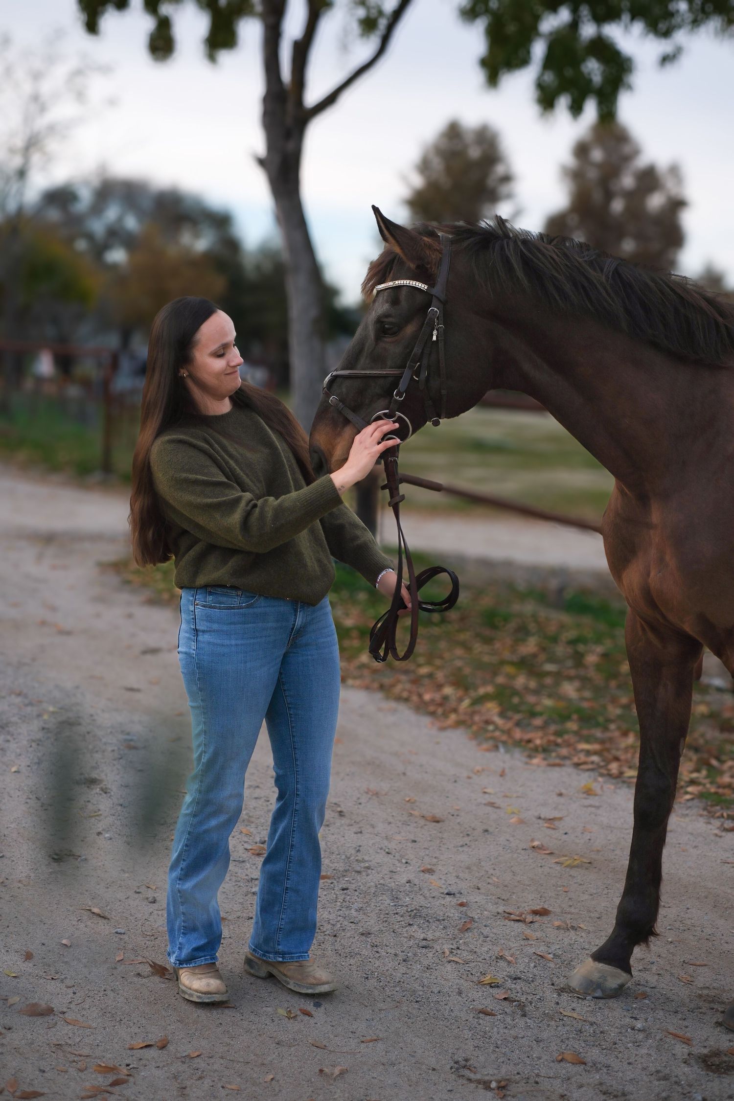 A woman in jeans and a green sweater stands on a path petting a dark brown horse on an autumn day.