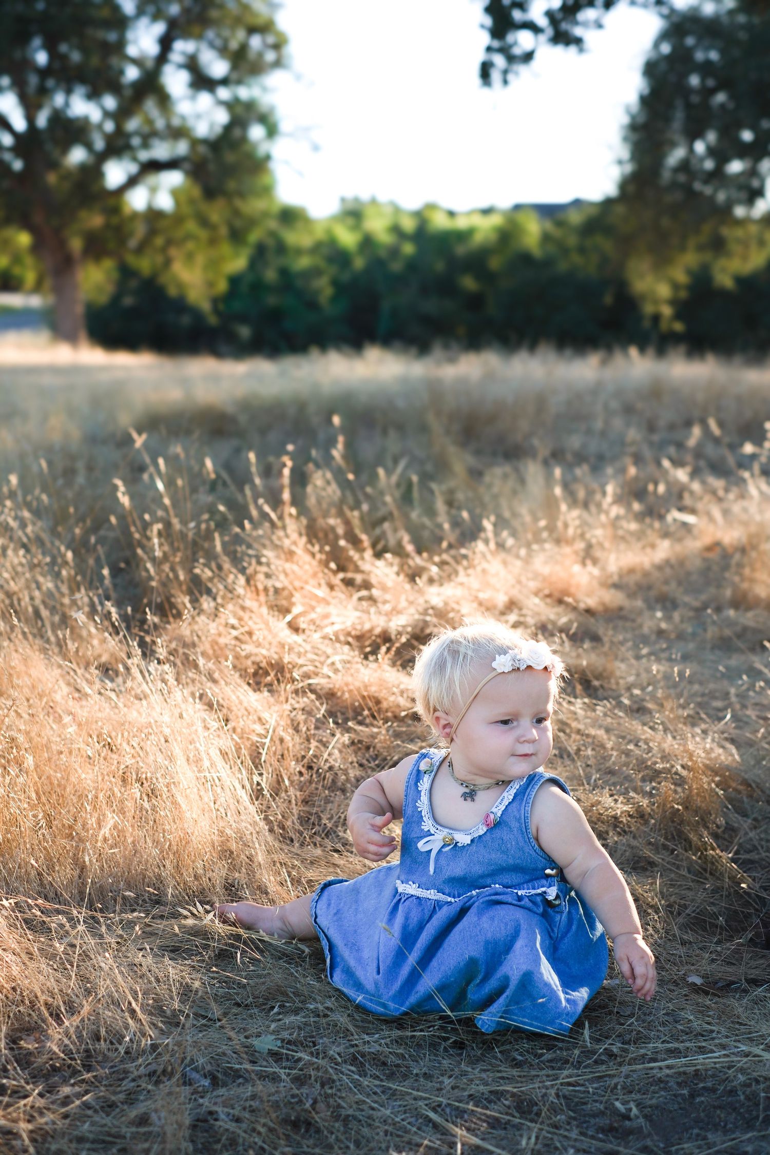 Two children in blue outfits lay in golden sunlit grass during a summer evening photoshoot.