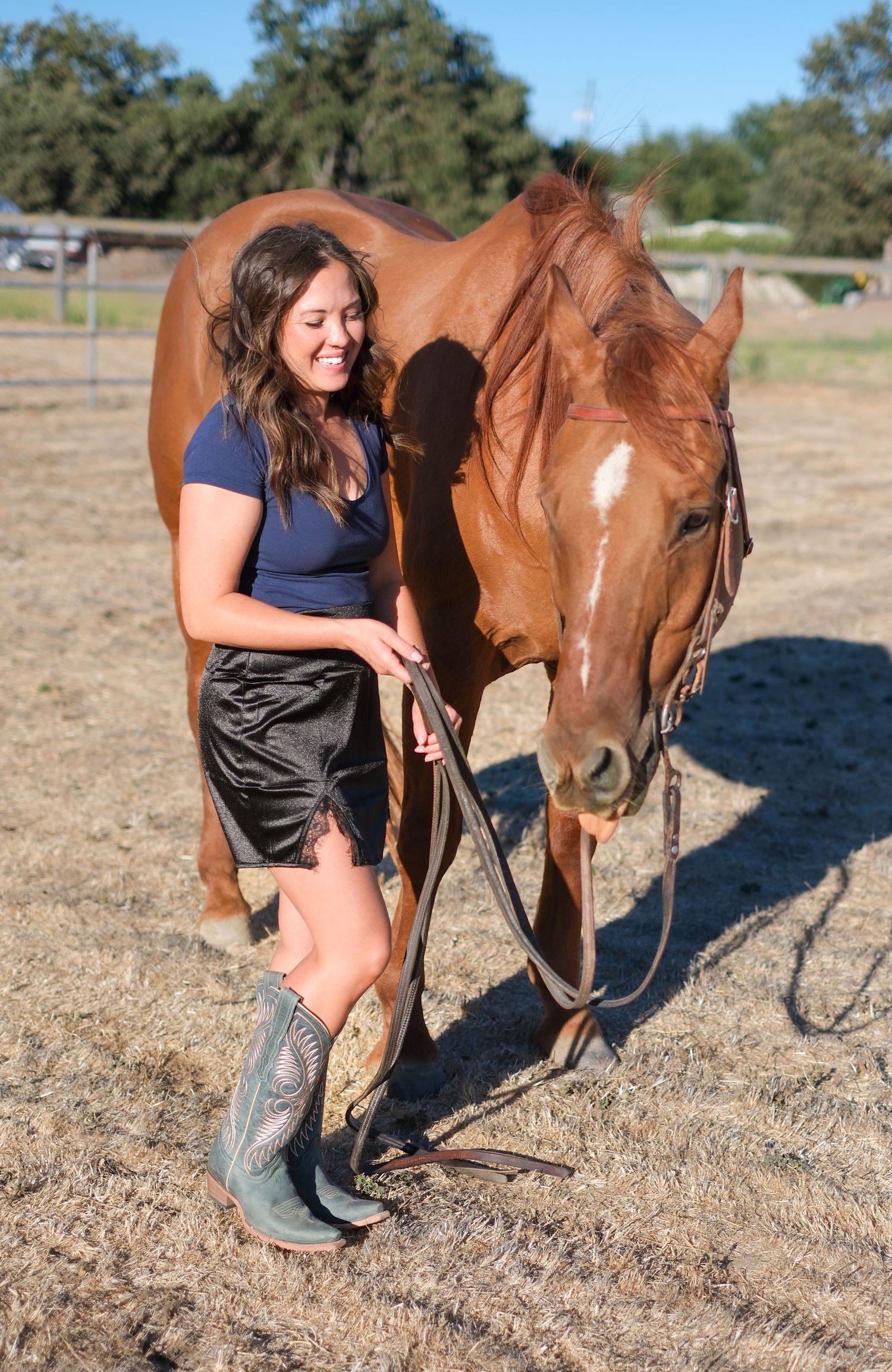 A series showing interaction with a brown horse in a dusty field while wearing boots and casual attire.