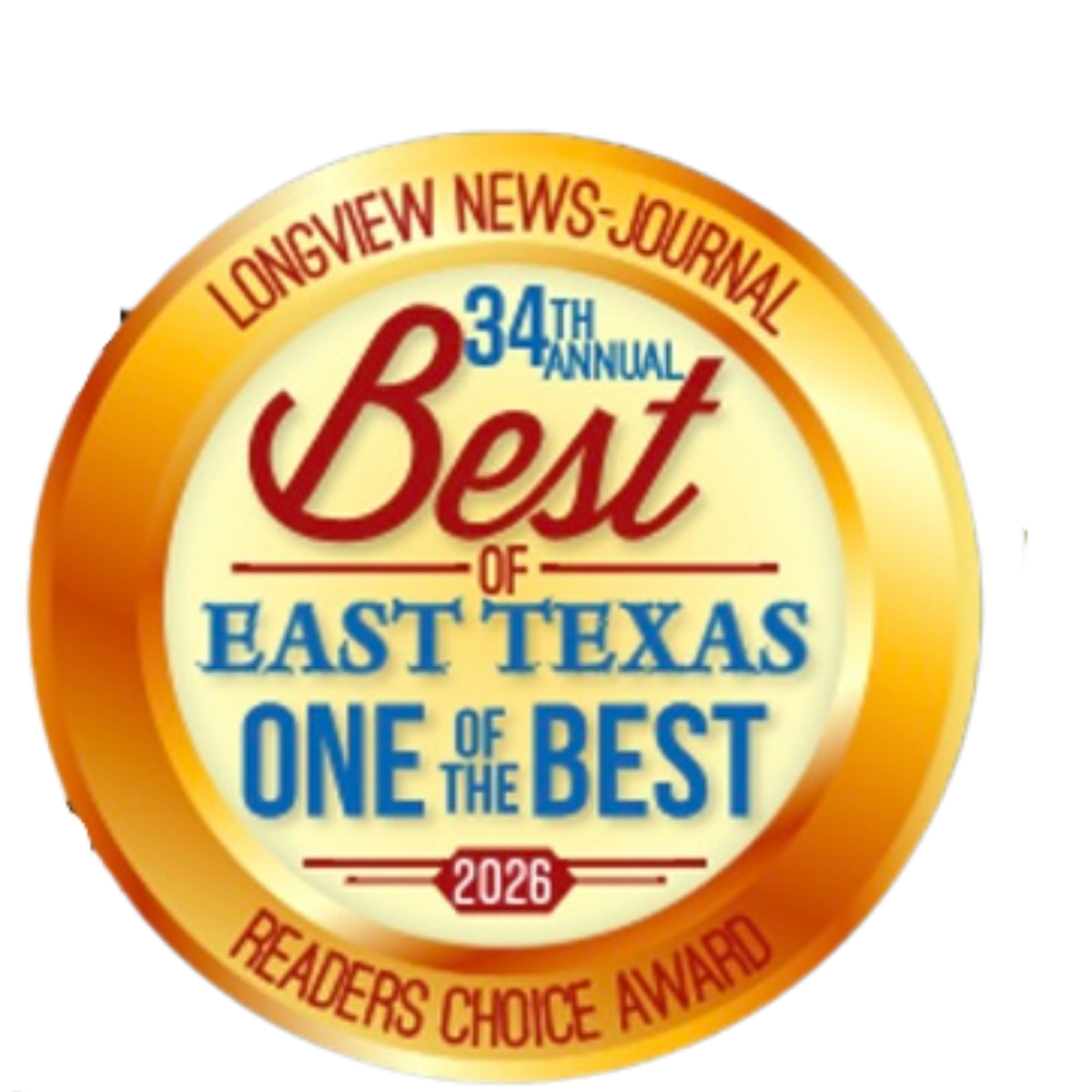 Longview News-Journal 34th Annual Best of East Texas One of the Best 2026 Readers Choice Award badge.