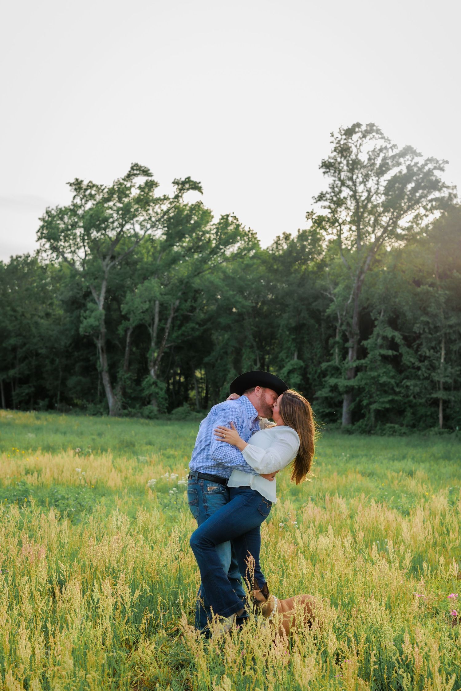 Couple shares a romantic dip kiss in a sunlit meadow during outdoor engagement photo session.