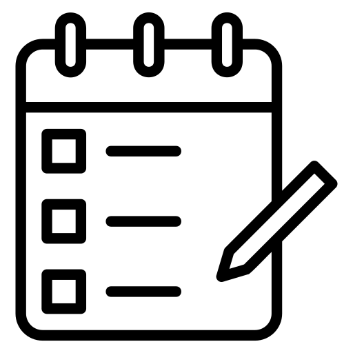 Black outline icon of a spiral notepad with a checklist and pencil, ideal for task management or to-do list concepts.