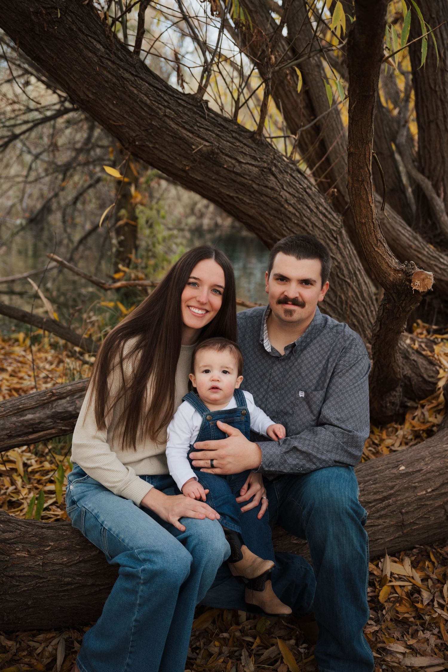 A family sits together on a fallen tree trunk during an autumn photoshoot in a wooded setting.