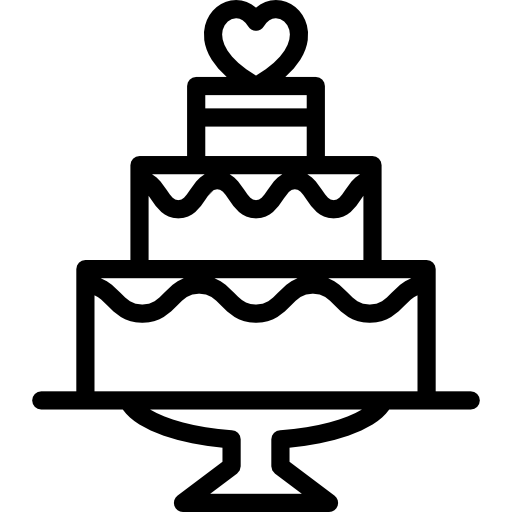 Black and white outline icon of a three-tiered wedding cake with decorative frosting and a heart topper on a pedestal stand.