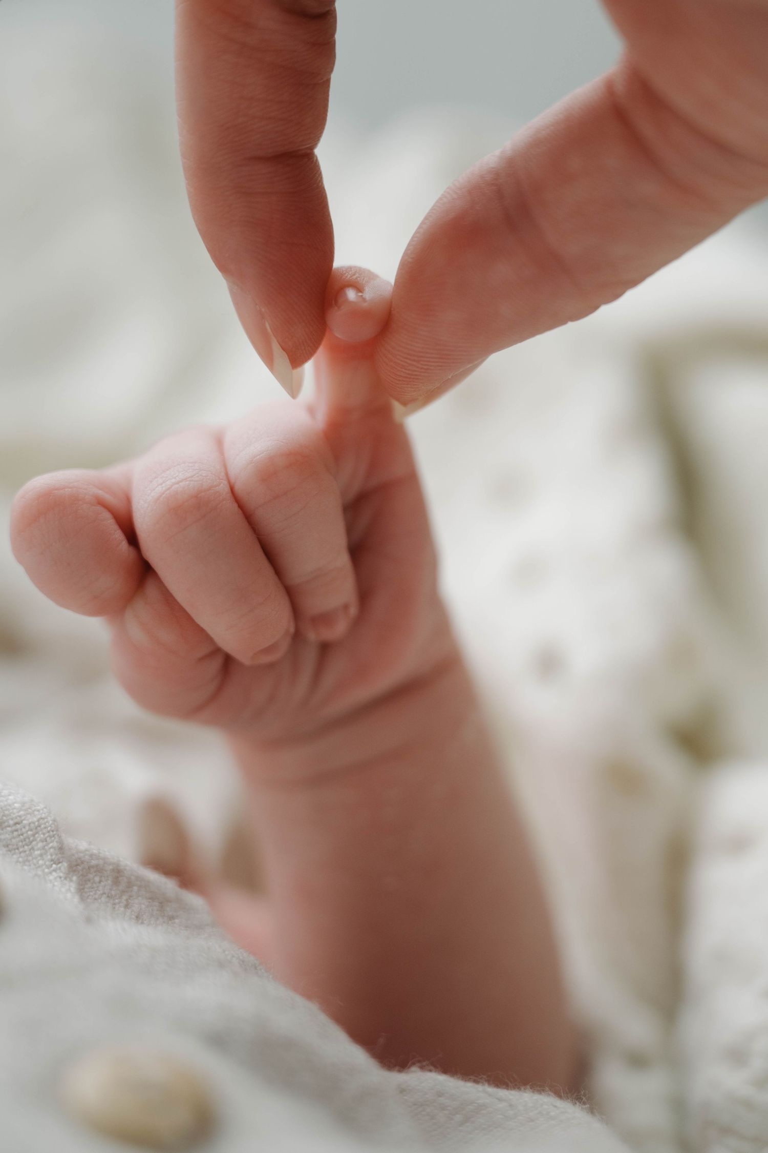 Close-up of a newborn baby's tiny hand grasping an adult's finger on a soft white blanket.