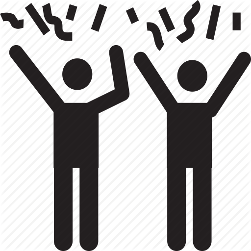 Two stick figures celebrating with confetti, arms raised in joy, black silhouette icon on white background.