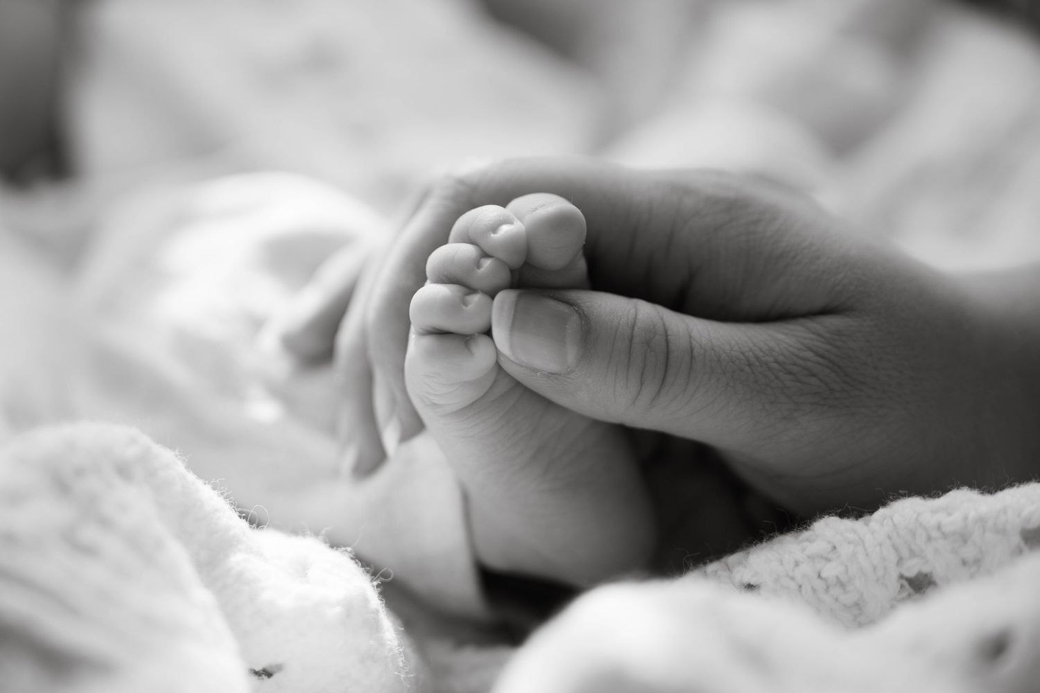 Black and white close-up of a newborn baby's tiny feet being gently held by an adult hand.