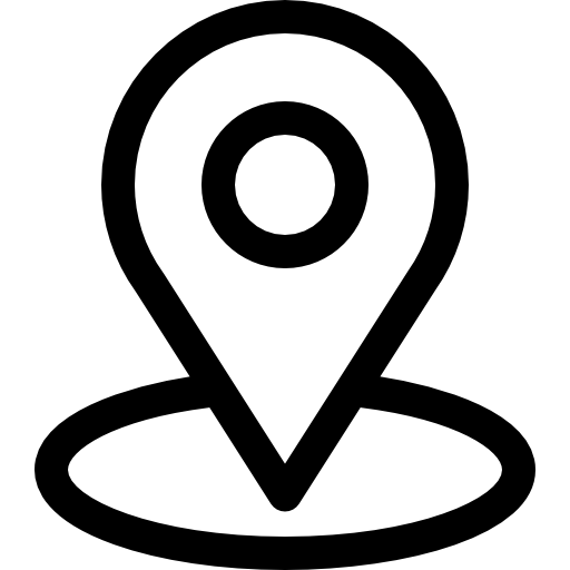 Black outline location pin map marker icon with circle center and shadow base on white background.