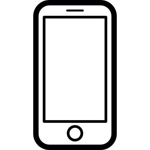 Black and white outline icon of a smartphone with a blank screen, home button, and speaker slot.