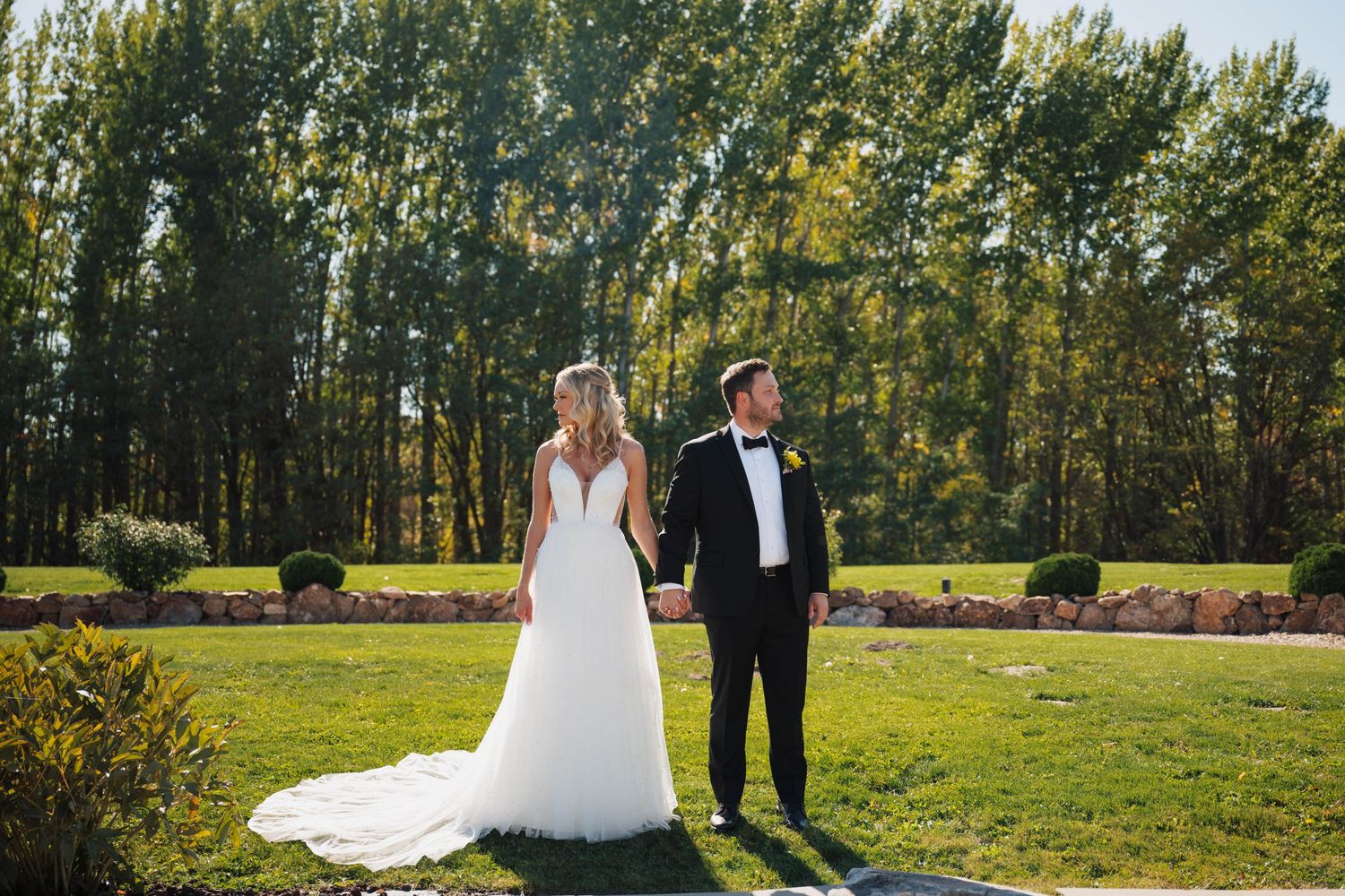 A wedding couple poses in front of a row of tall trees on a sunny day at their outdoor celebration.