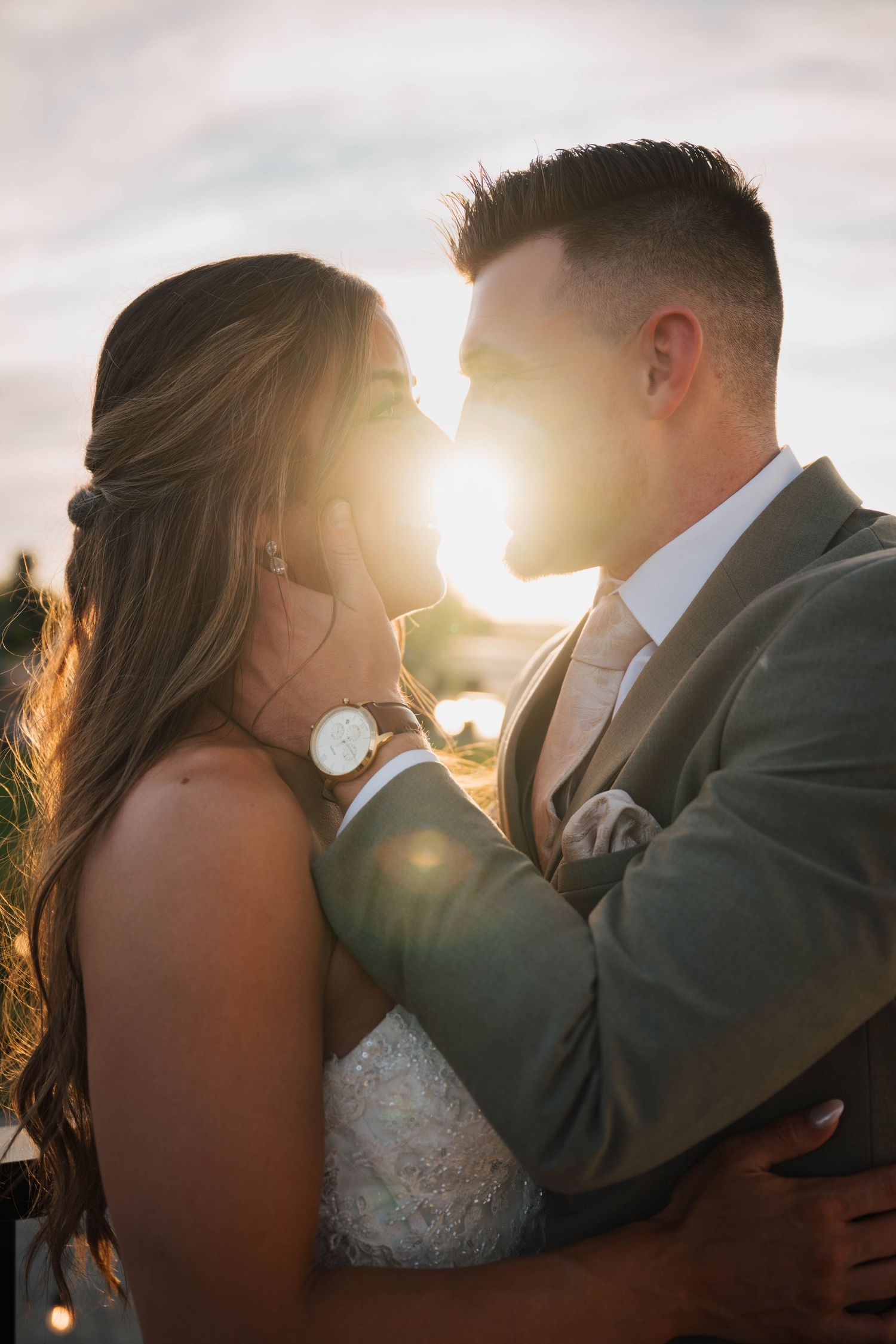 Romantic sunset wedding portrait by Eagle Idaho wedding photographer and videographer team