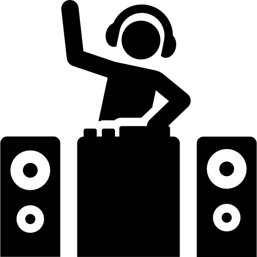Black silhouette icon of a DJ at turntables with raised hand, wearing headphones, flanked by two speakers.