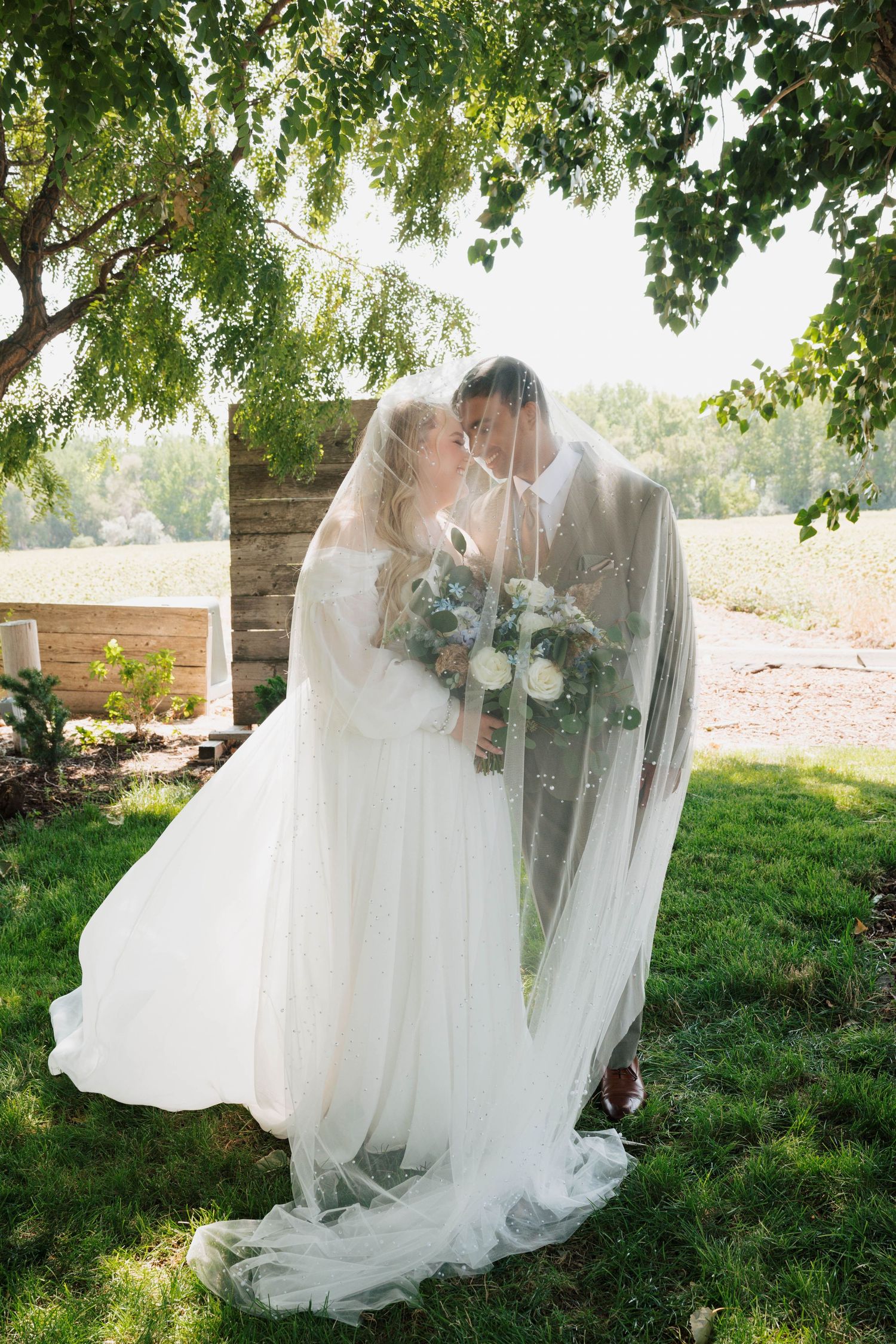 Ethereal bridal portraits under tree branches with flowing white veil.
