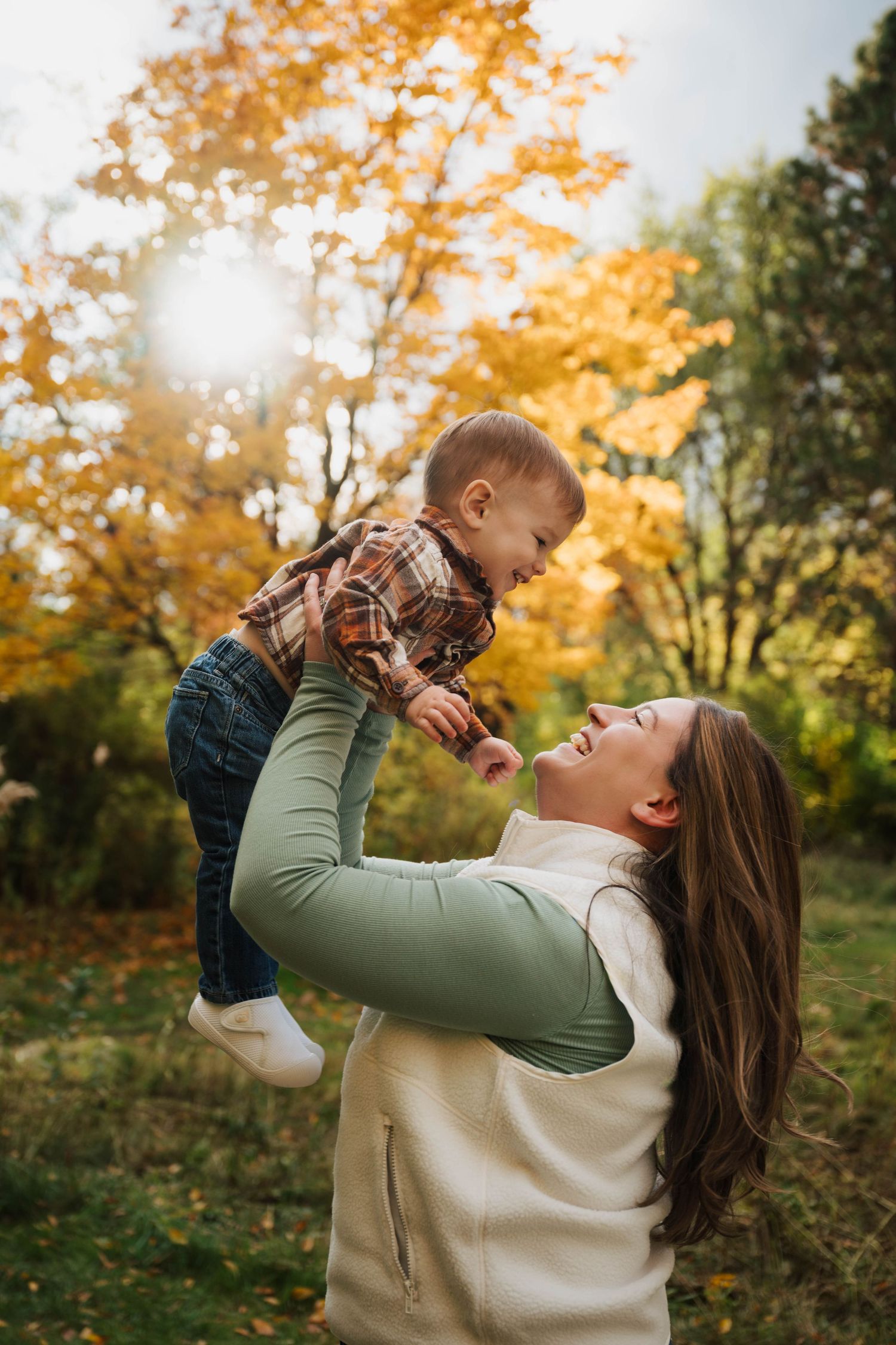 A joyful autumn moment captured in a series of candid shots showing playful interaction against golden fall foliage.