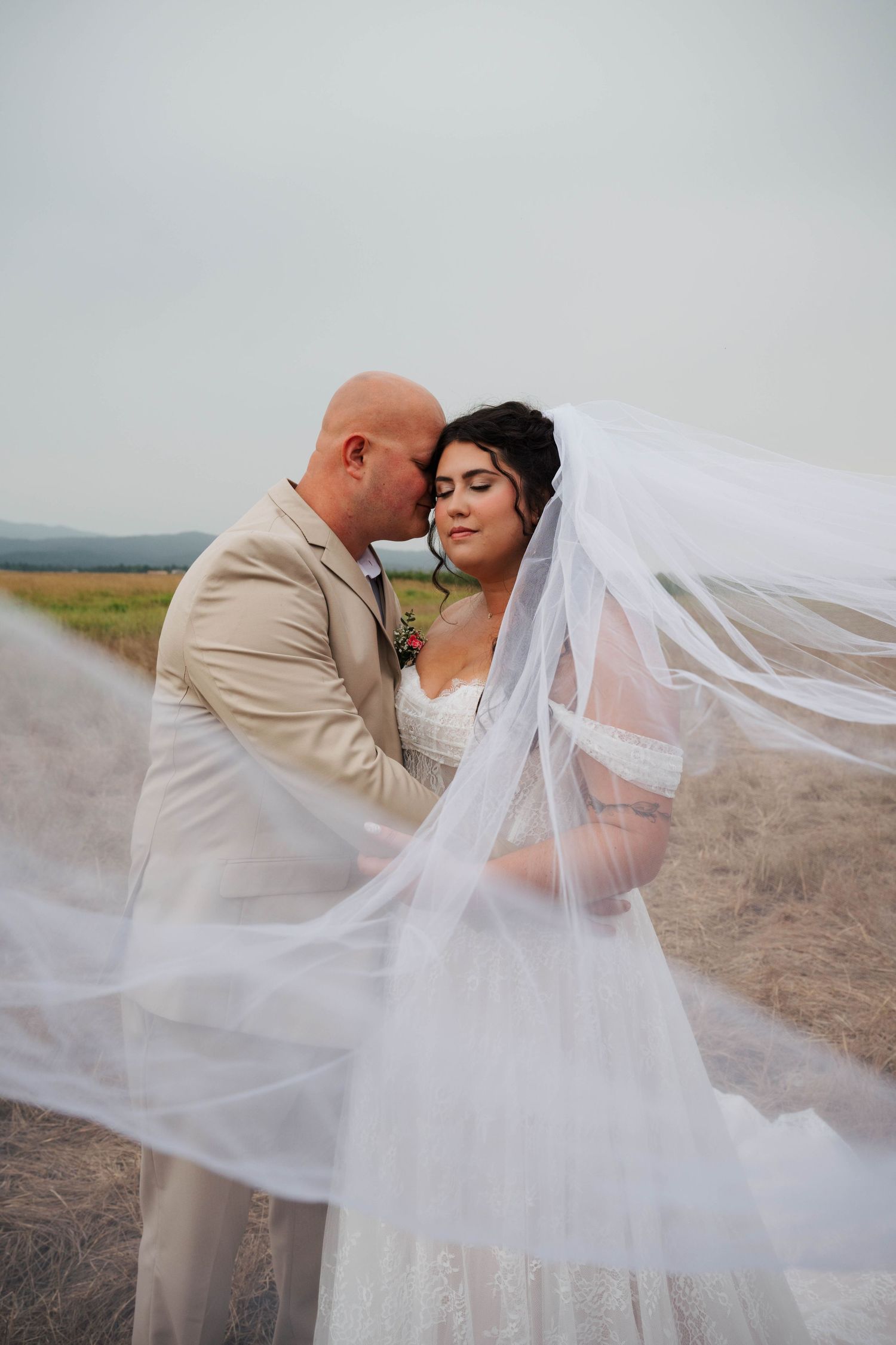 A romantic wedding portrait with flowing veil against a misty rural backdrop.