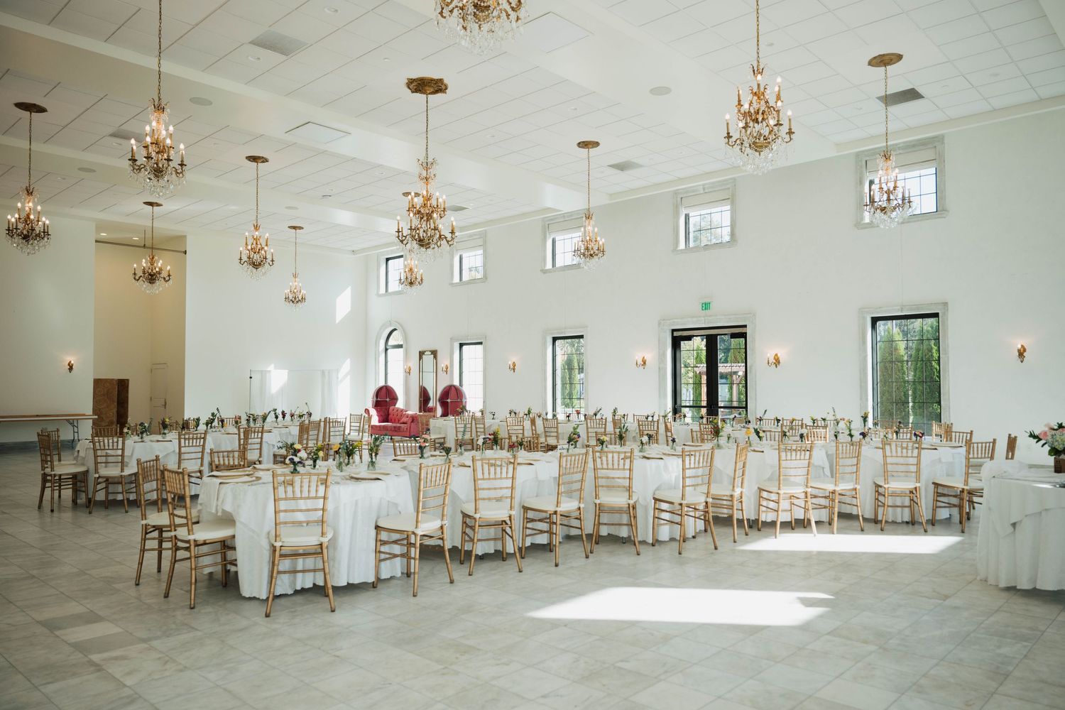 Elegant reception ballroom at Chateau des Fleurs wedding venue in Eagle Idaho