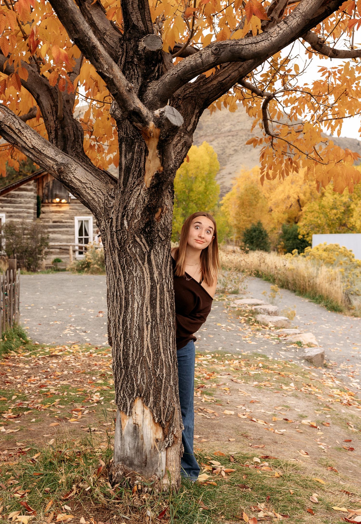 Playful hide and seek senior portrait,  Golden, CO of a girl behind autumn trees with orange leaves taken by Wild Light Studio photographer.