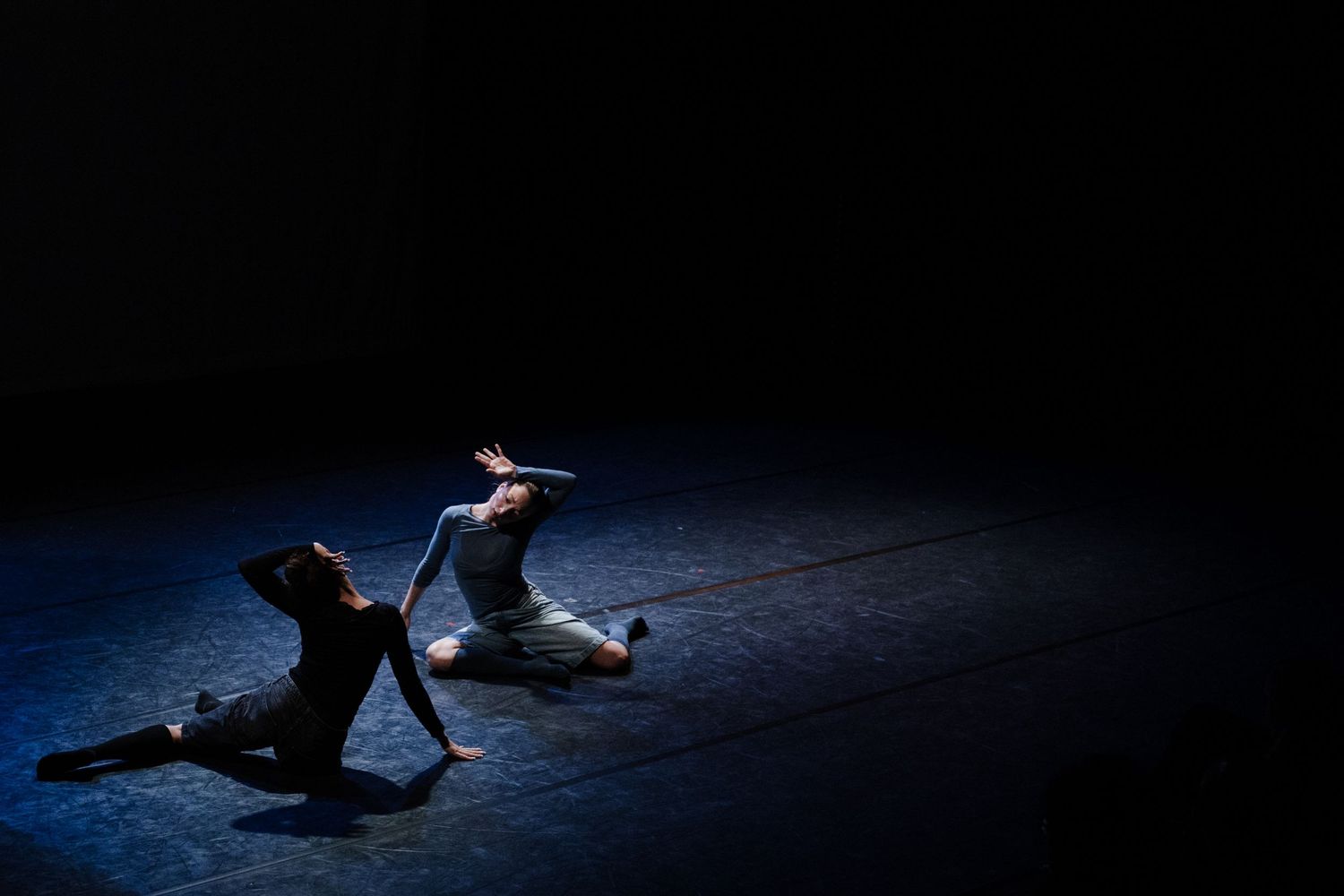 Two contemporary dancers performing on dimly lit stage in expressive modern dance performance.