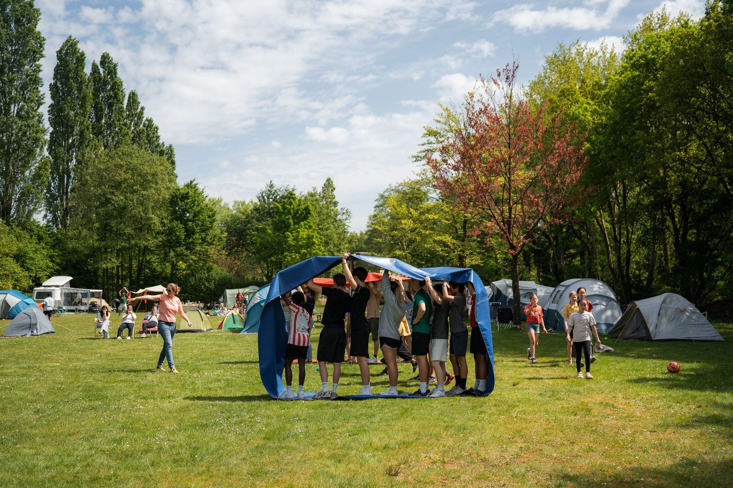 Group of campers set up a large blue tent on a sunny green campground with trees in the background.
