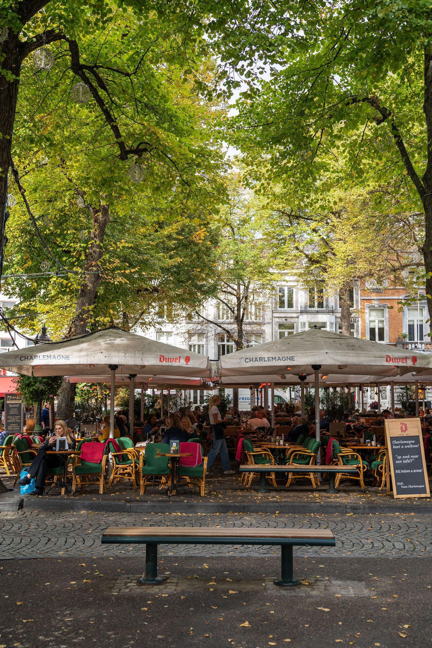 Busy outdoor cafe terrace with colorful chairs under white umbrellas shaded by large trees in a city square.