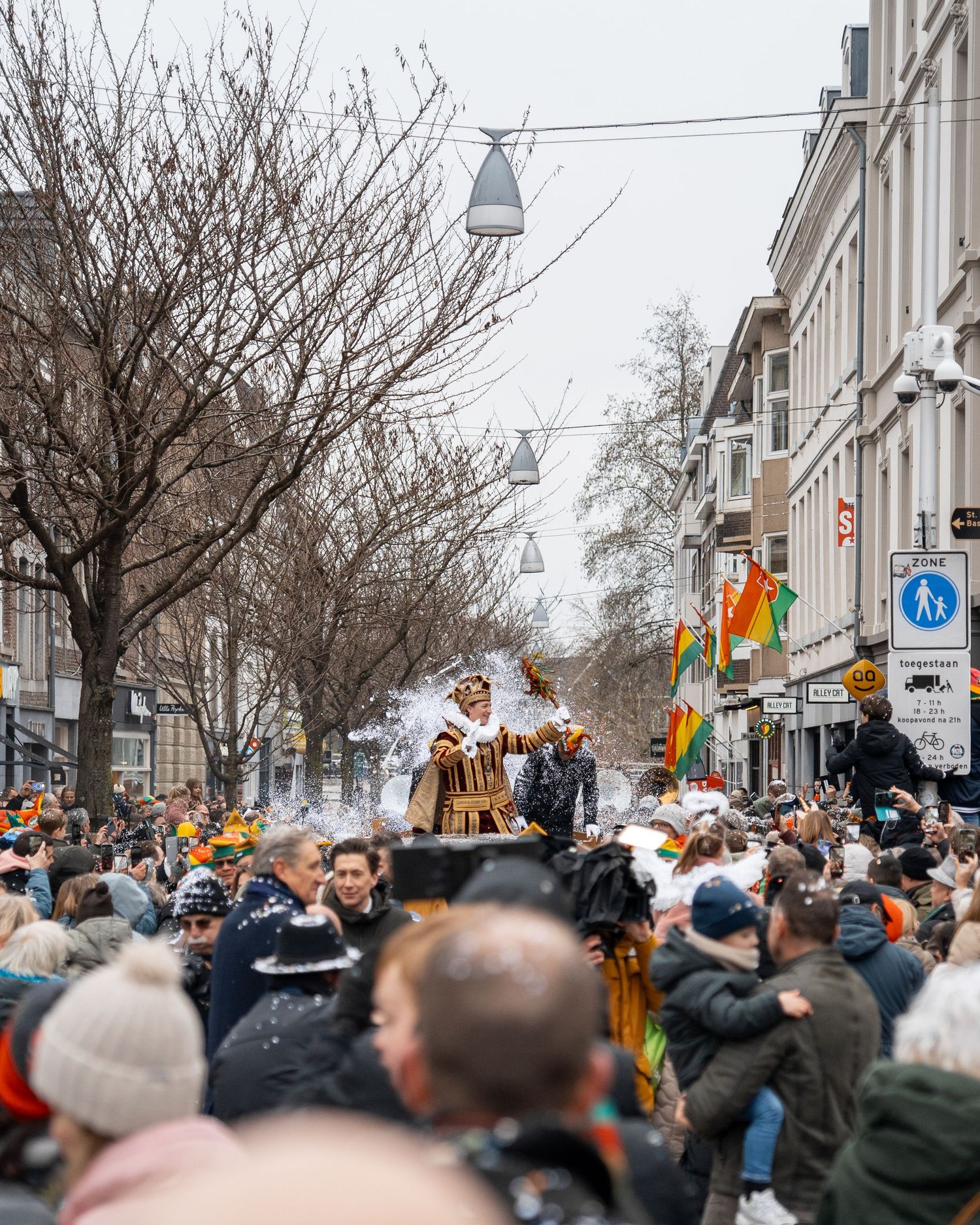 Large festive carnival parade crowd filling a city street with a decorated float visible above the crowd.