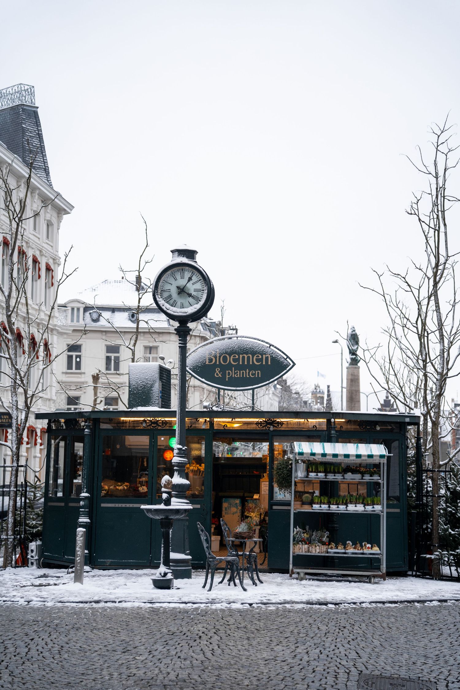 Snowy winter scene of a charming bloemen en planten flower shop with a vintage street clock in a European city.